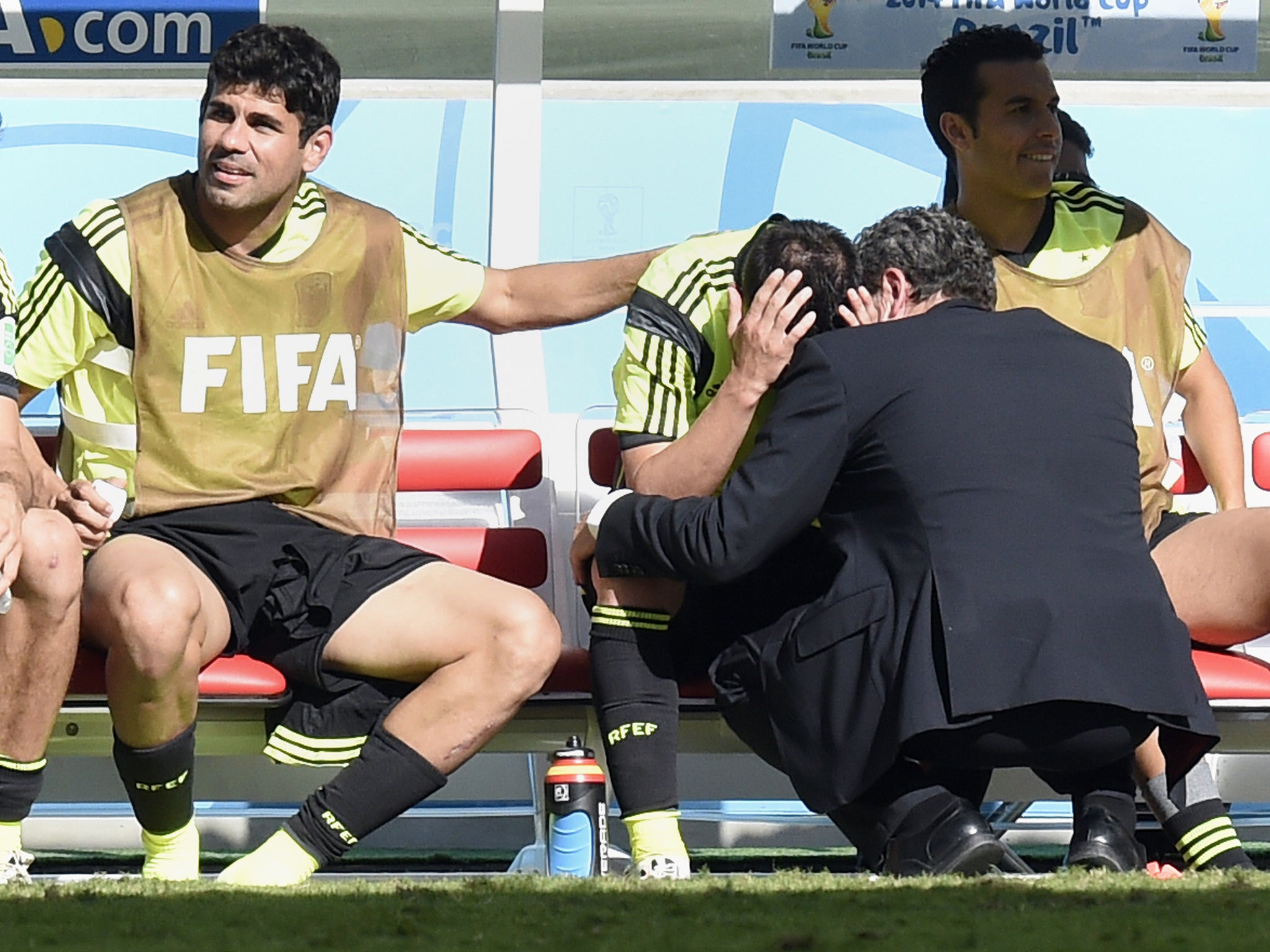 David Villa shows his emotions after coming off for Spain against Australia