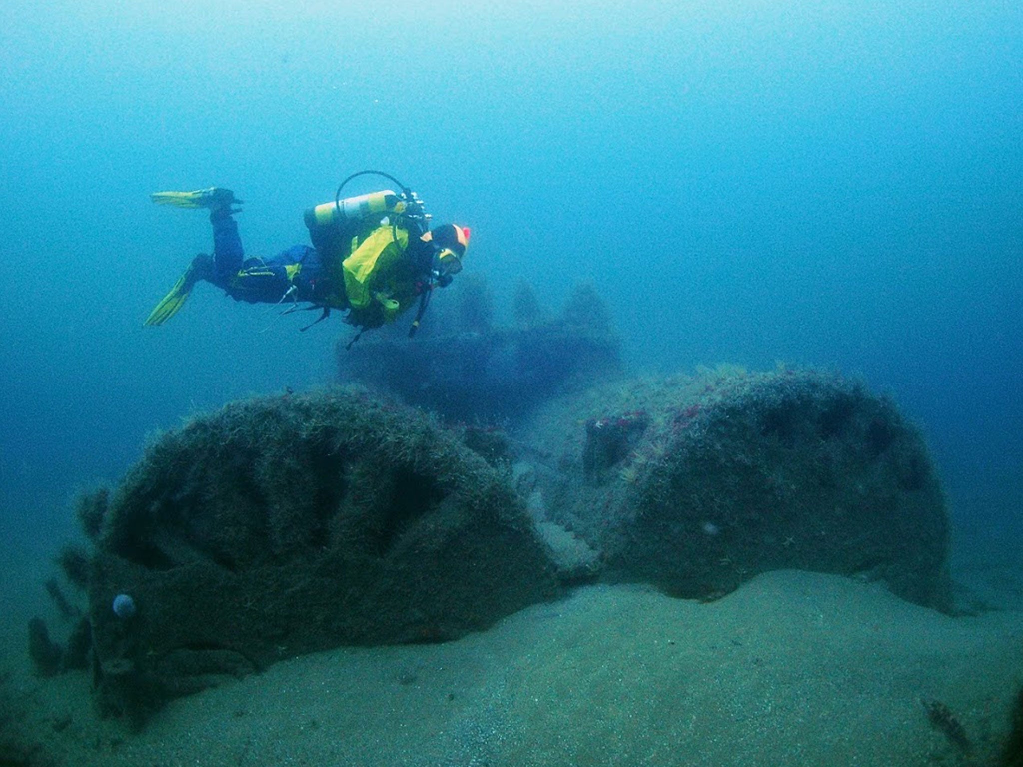 A member of the Appledore Sub Aqua Club diver over the aft boilers of Iona 2