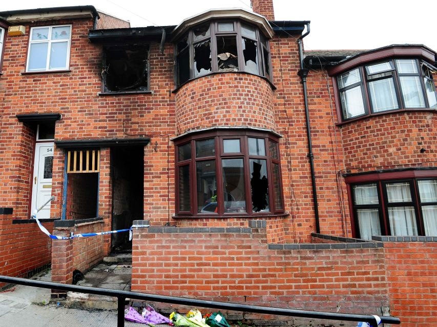 The scene of the fatal house fire in Wood Hill, Leicester, as Kemo Porter and Tristan Richards have been found guilty at Nottingham Crown Court of murdering a mother and her thrLeee children in a house fire in Leicester in the early hours of September 13