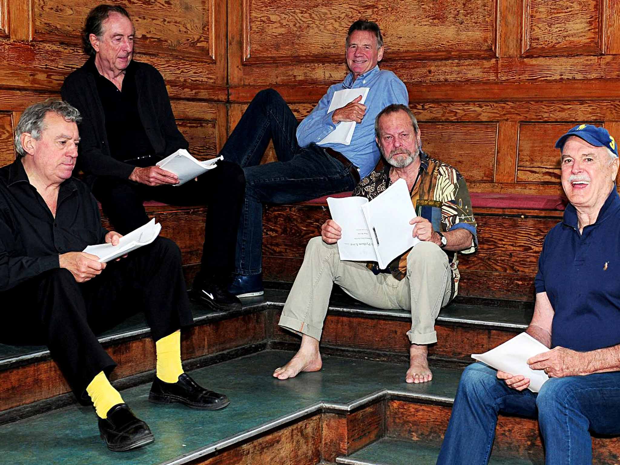 Terry Jones, Eric Idle, Michael Palin, Terry Gilliam and John Cleese in rehearsals for the London show