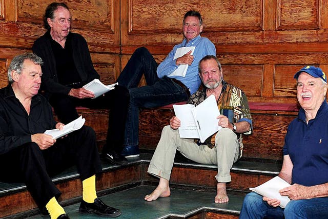 Old men behaving badly: (from left) Terry Jones, Eric Idle, Michael Palin, Terry Gilliam and John Cleese in rehearsals for the London show