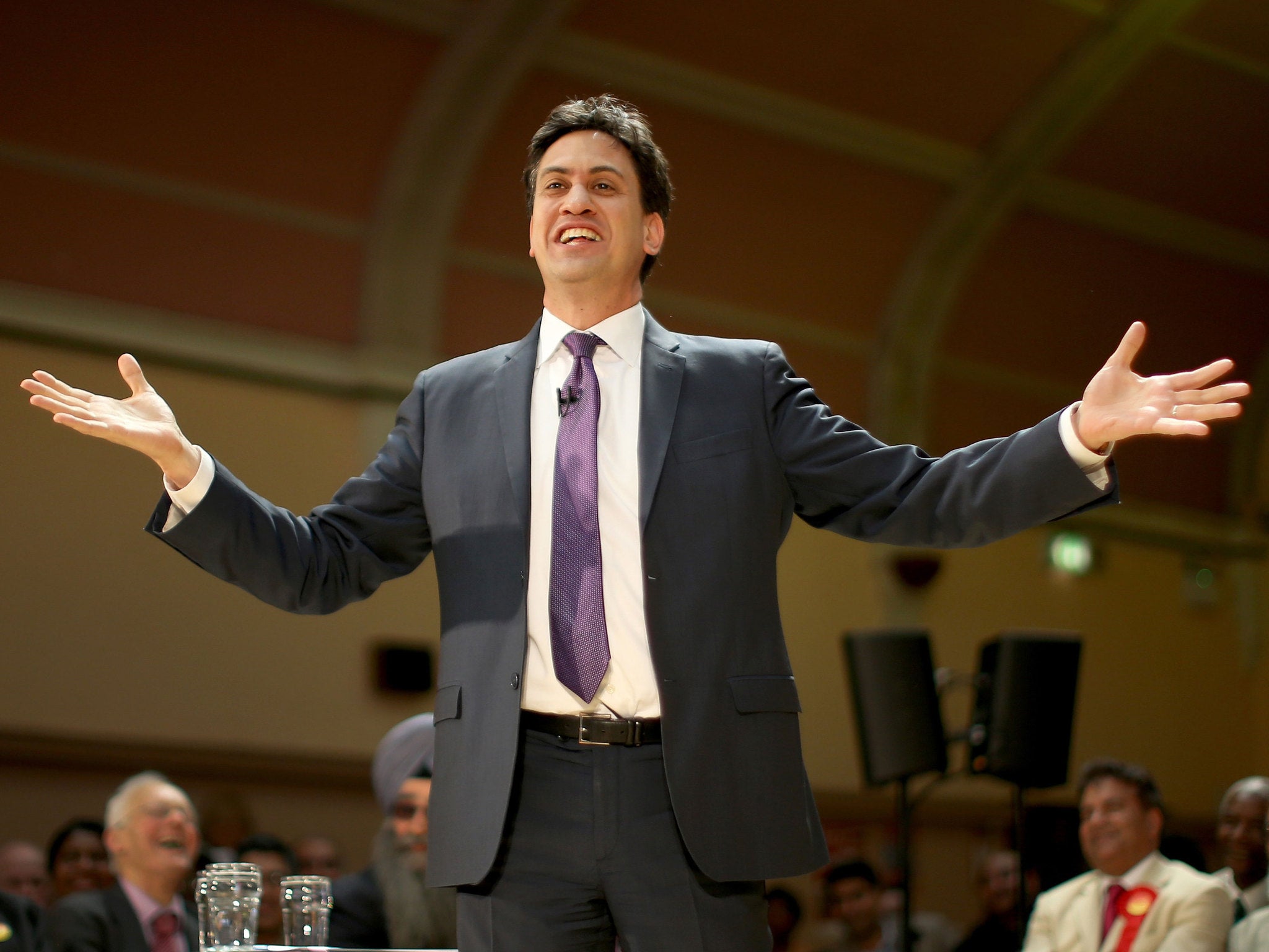 Labour Party Leader Ed Miliband speaks to supporters at Bloxwich Leisure Centre on May 19, 2014 in Walsall, England.