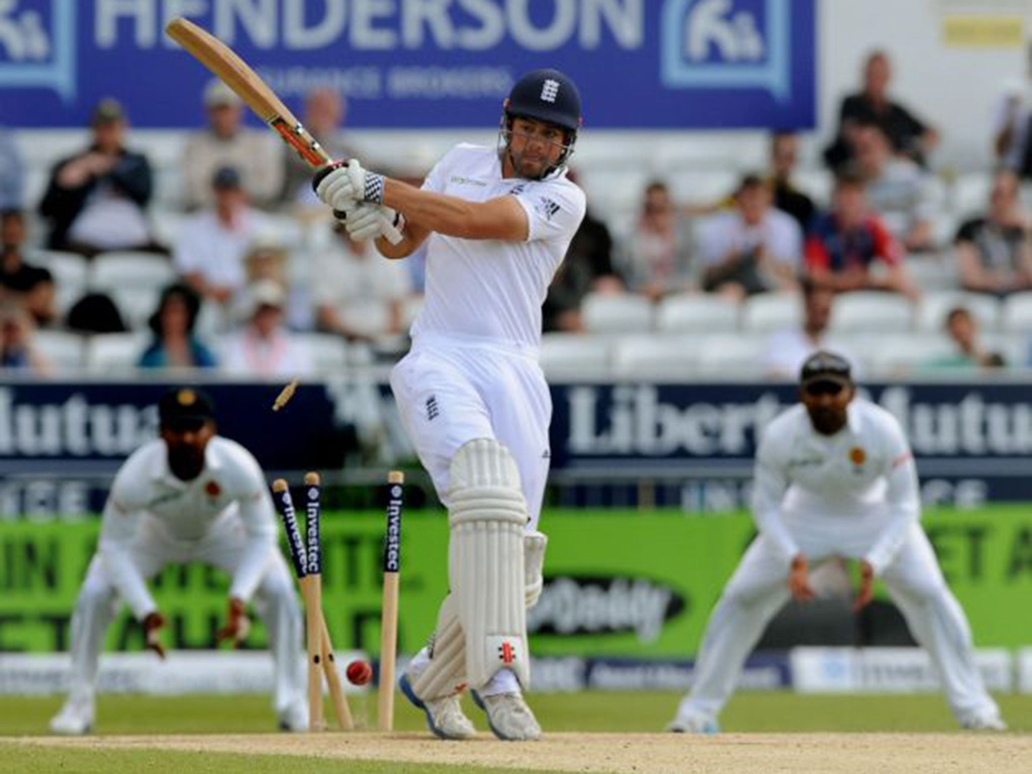 Alastair Cook’s miserable form continues as he is bowled by Dhammika Prasad for 16 at Headingley