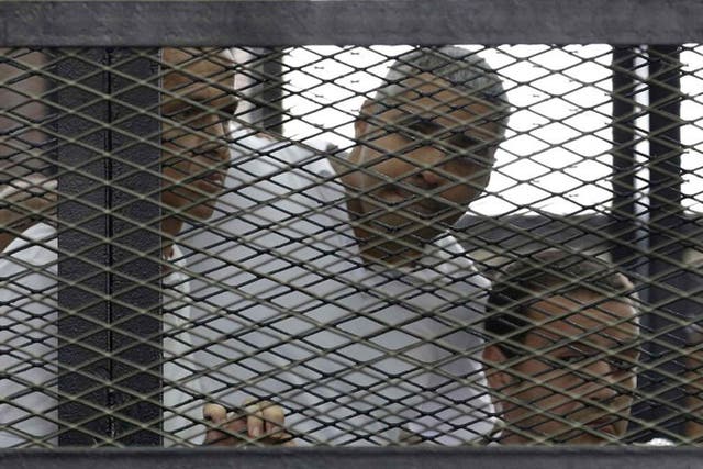 Journalists Peter Greste, left, Mohamed Fahmy,centre, and Baher Mohamed were yesterday jailed for aiding a terrorist organisation. William Hague described the trial as ‘unacceptable’