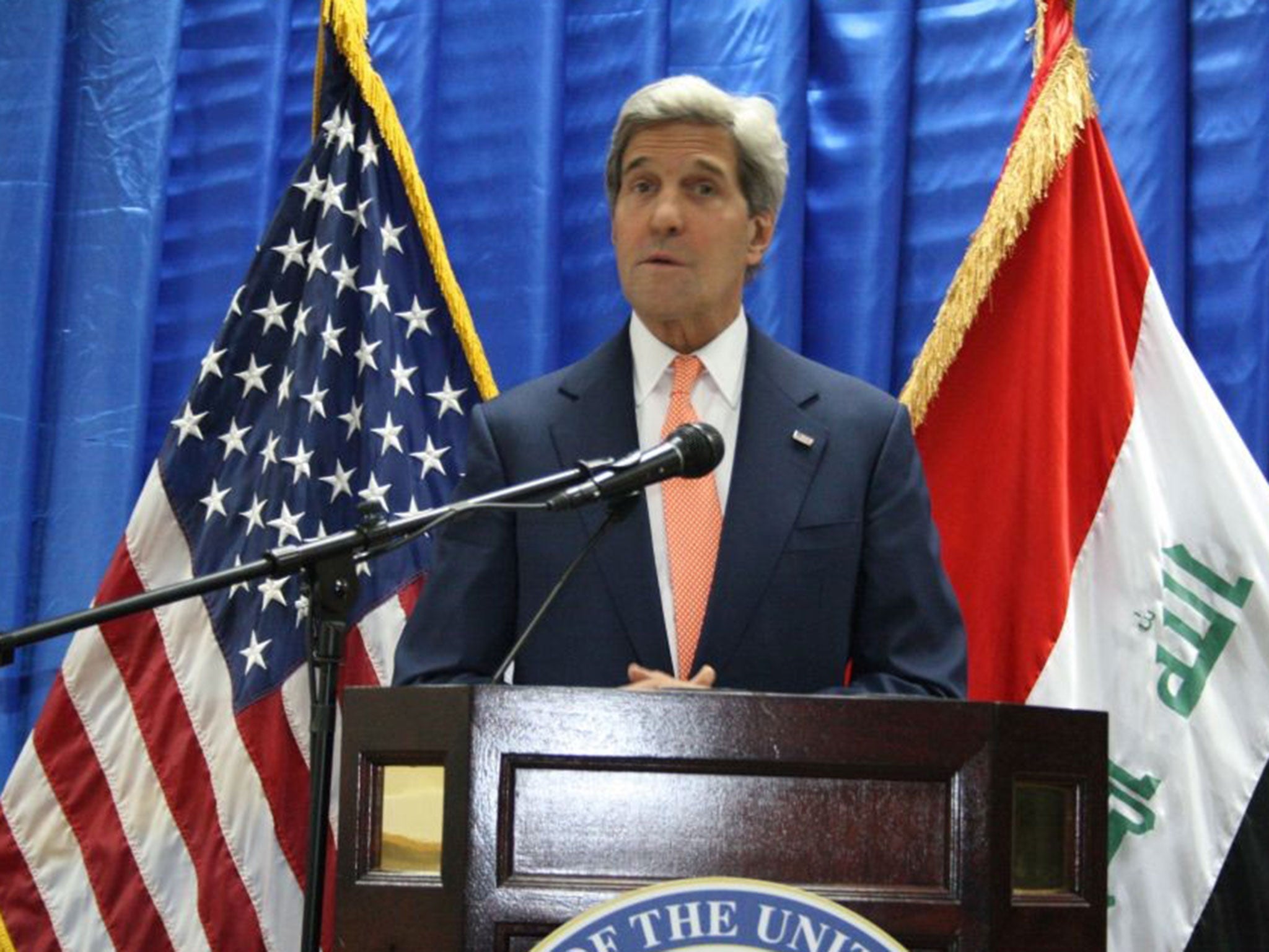 The US Secretary of State John Kerry speaks during a media conference at the Embassy of the USA in Baghdad, Iraq o June 23, 2014