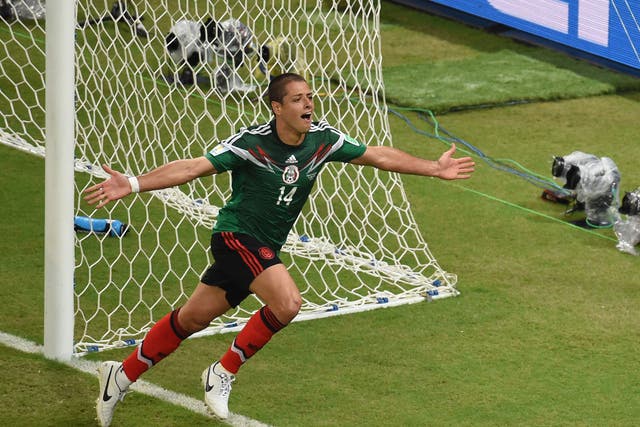 Mexico striker Javier Hernandez celebrates scoring against Croatia