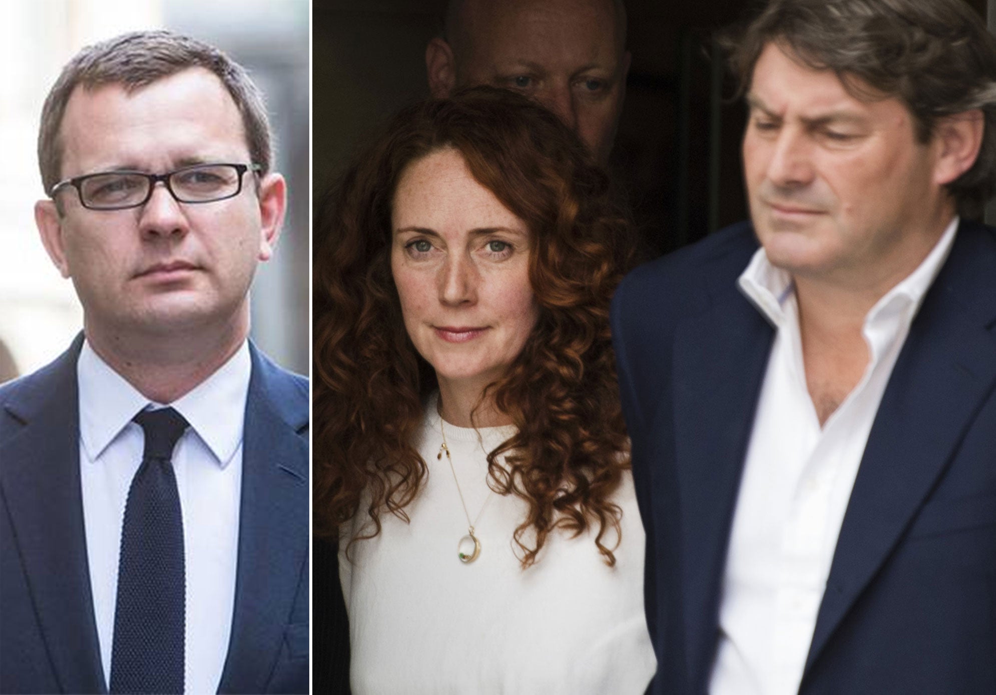 Andy Coulson, left, has been found guilty of conspiracy to hack phones, while Rebekah Brooks and her husband Charlie were cleared of all charges