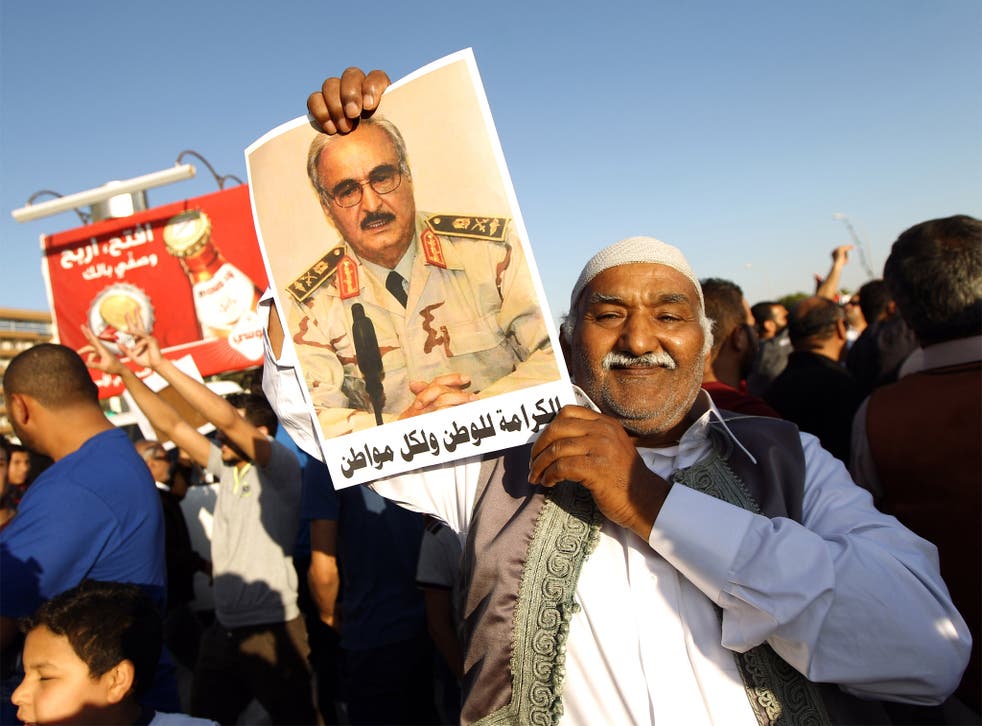 Benghazi rally in support of General Haftar, who is regarded by opposing sides as another Gaddafi in the making – or the saviour of the nation
