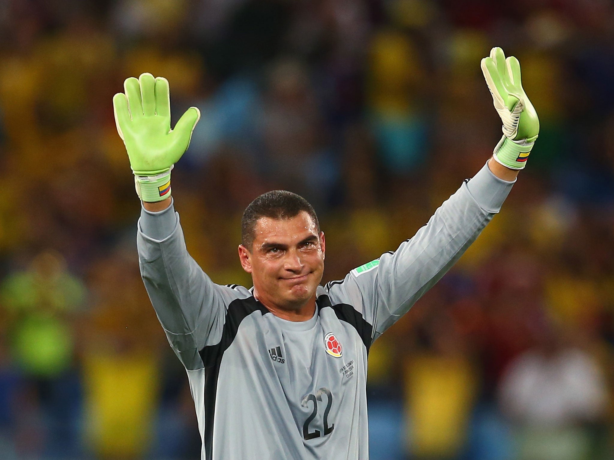 Goalkeeper Faryd Mondragon of Colombia acknowledges the fans
