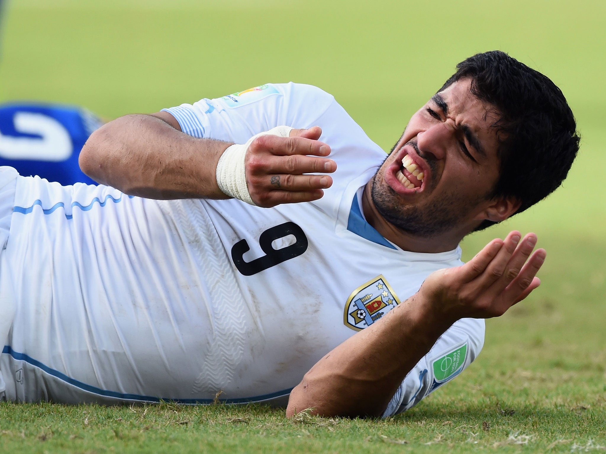 Luis Suarez lies on the floor after he is accused of biting Giorgio Chiellini