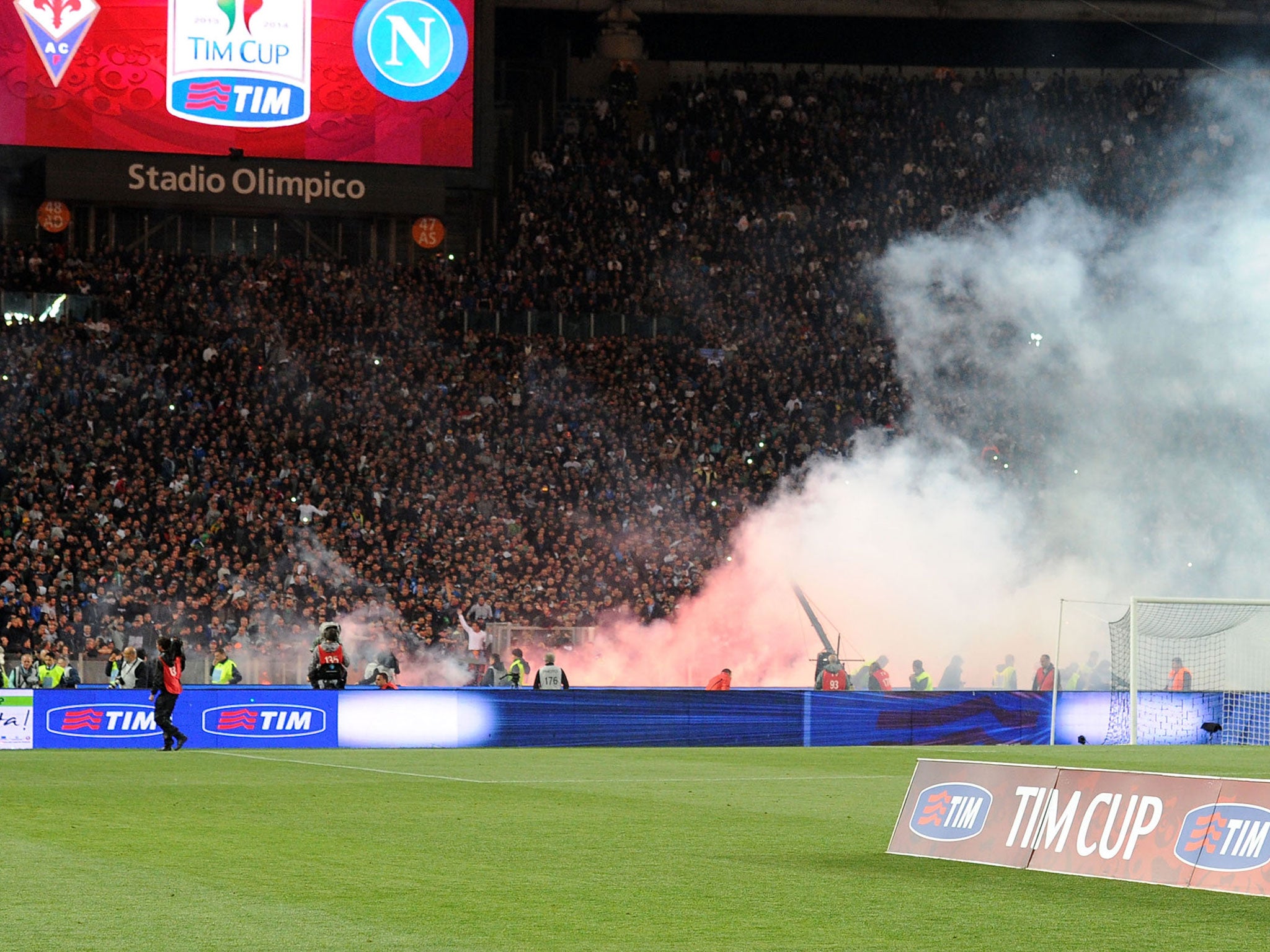 Fans of Napoli before the TIM Cup final match between ACF Fiorentina and SSC Napoli at Olimpico Stadium on May 3, 2014 in Rome, Italy.