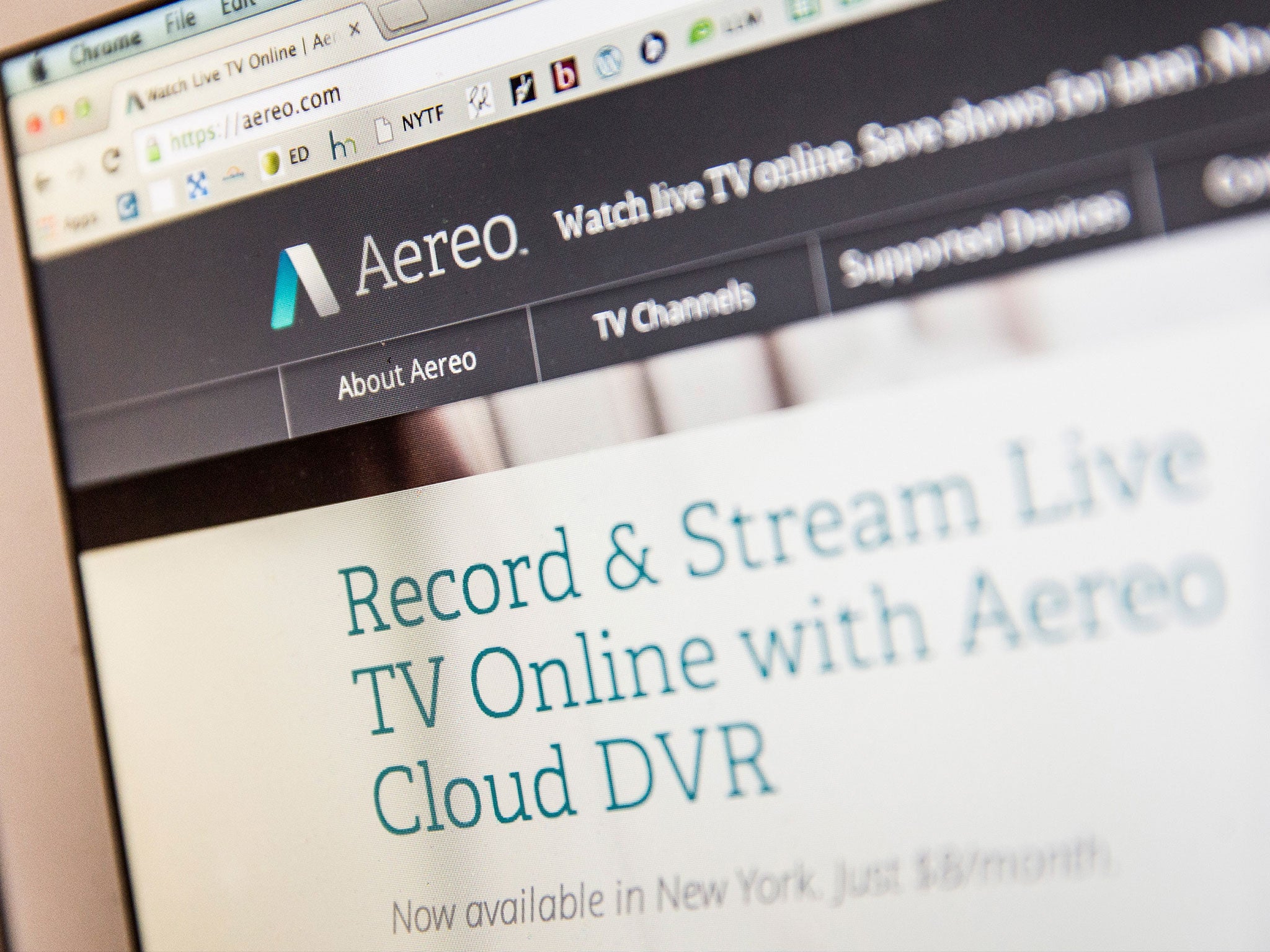 Aereo.com, a web service that provides television shows online, is shown on an MacBook Air, on April 22, 2014 in New York City.