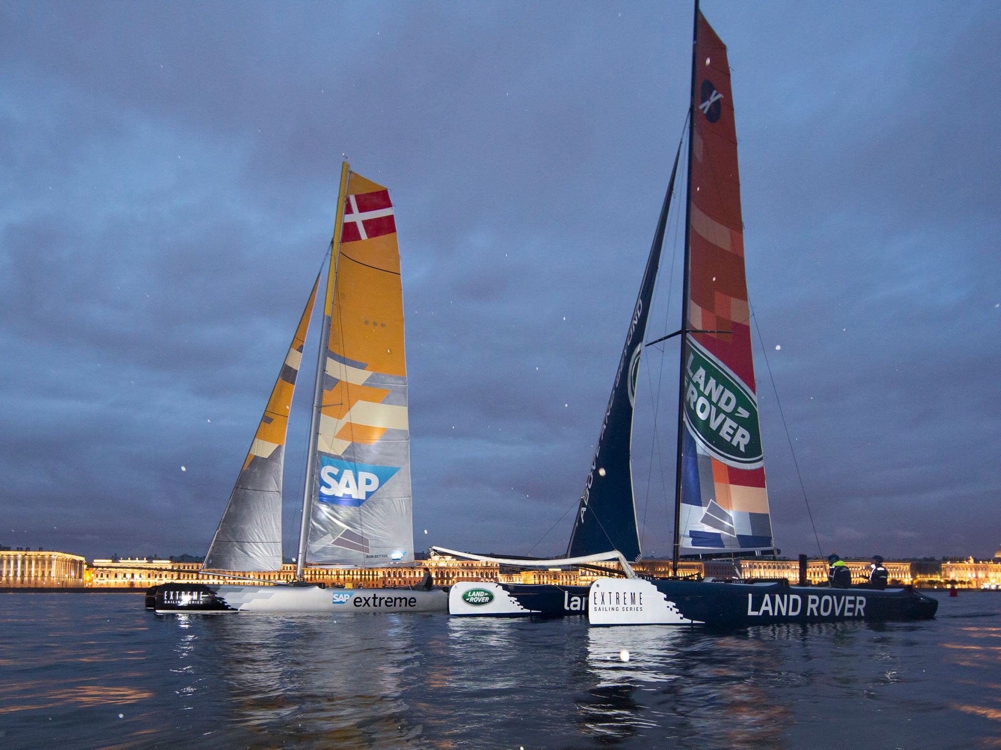 In the dead of night, though still midsummer light, two of the Extreme 40 catamarans ghost their way up to St. Petersburg's Winter Palace for the fourth regatta in the Extreme Sailing Series.