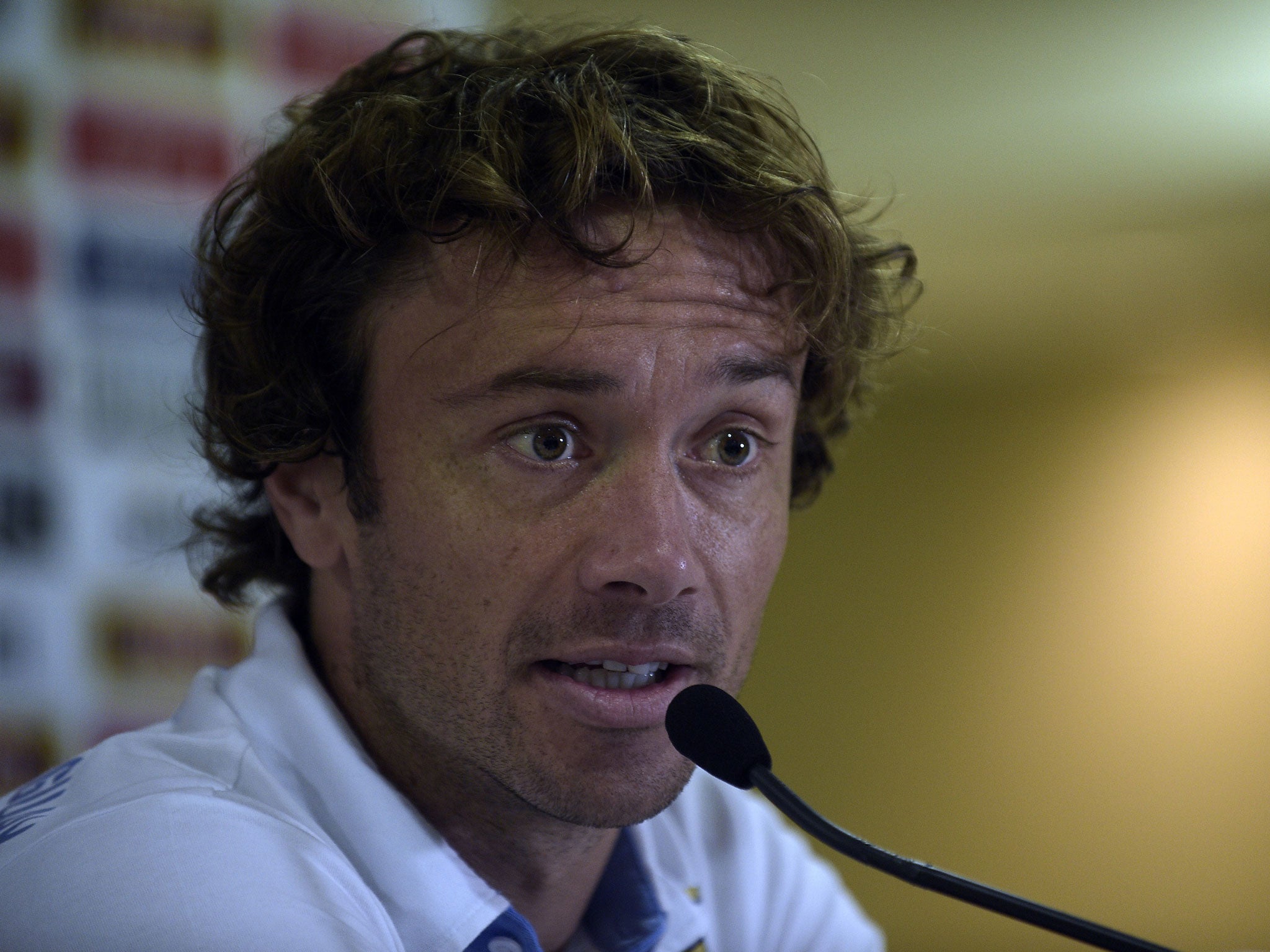 Uruguay's defender Diego Lugano speaks during a press conference in Natal