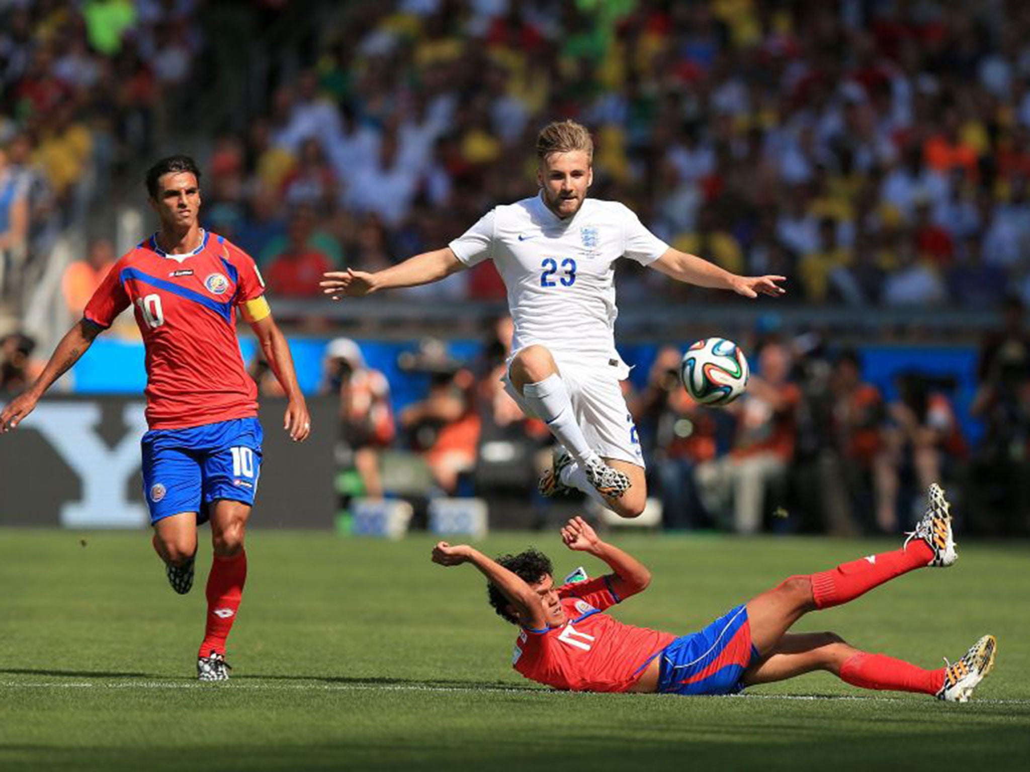 Left-back Luke Shaw, in action against Costa Rica on Tuesday, is one of a number of young prospects – but what exactly is England’s style of play?