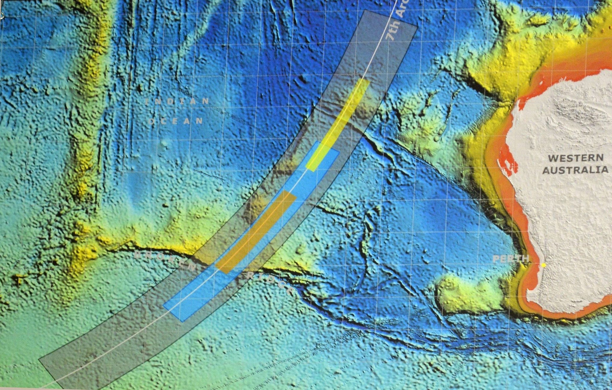 Map showing the new search area in the Indian ocean for missing Malaysia Airlines flight MH370