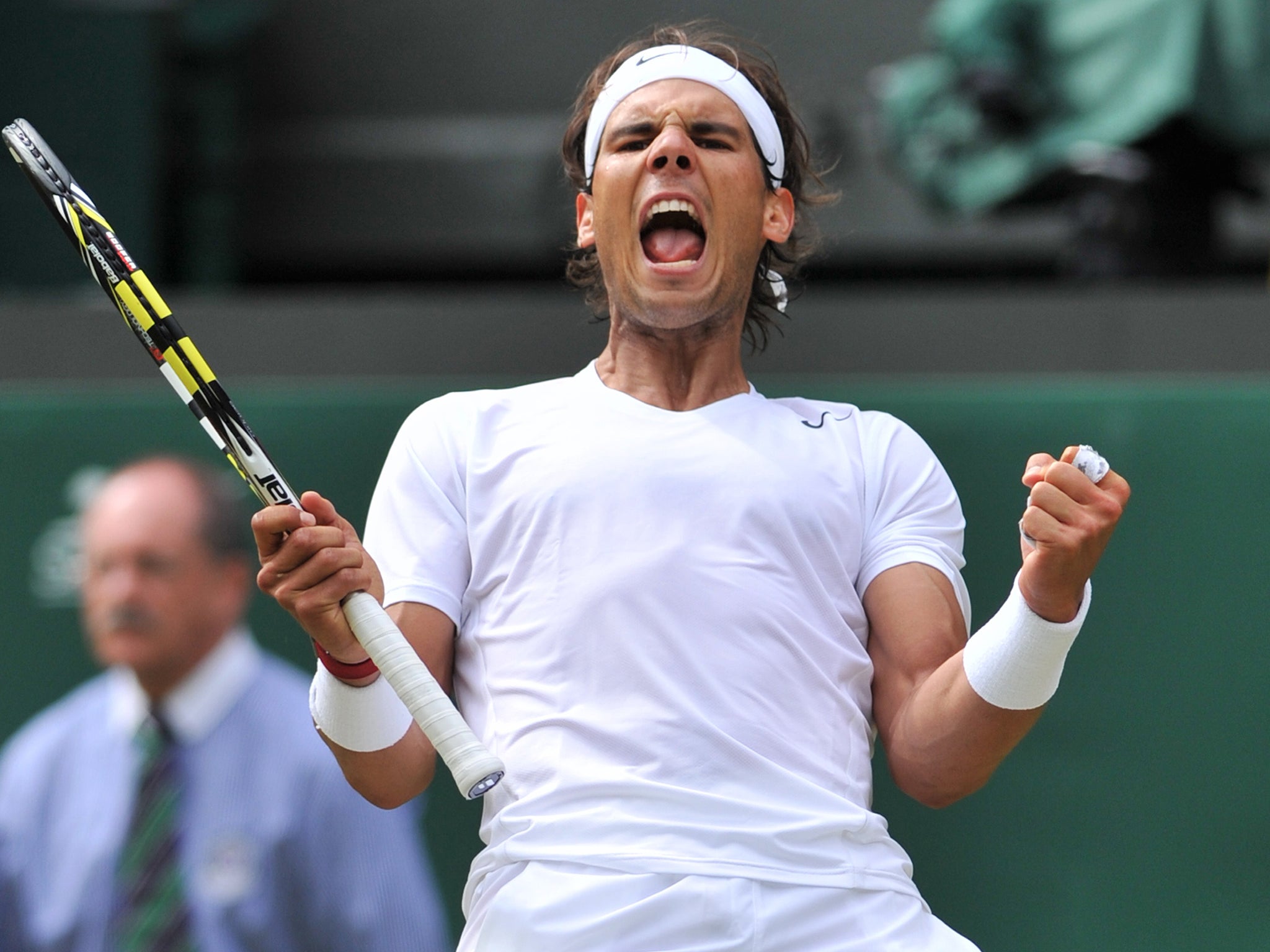 Rafael Nadal shows his relief after coming from behind to beat Lukas Rosol