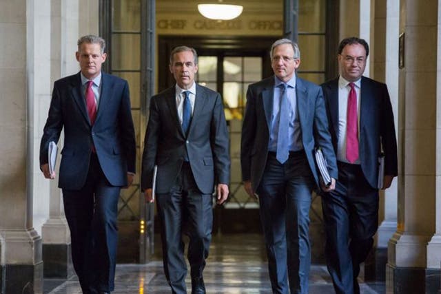 Senior policymakers at the Bank of England (from left)  Spencer Dale, Mark Carney, Jon Cunliffe and Andrew Bailey prepare to deliver their report