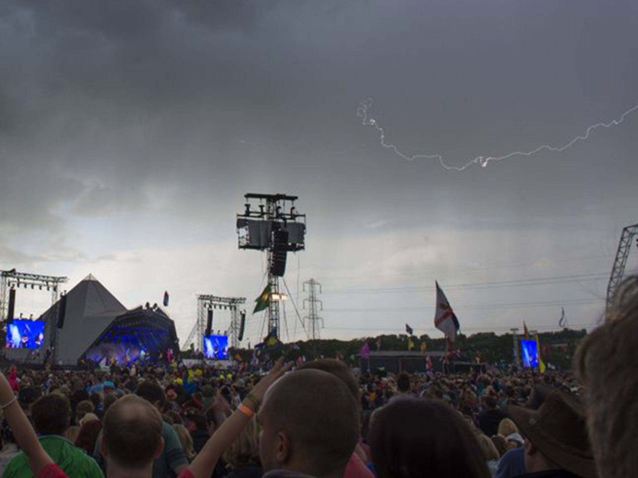 Lightning in the sky over the Pyramid Stage shortly before it had to be powered down for safety reasons