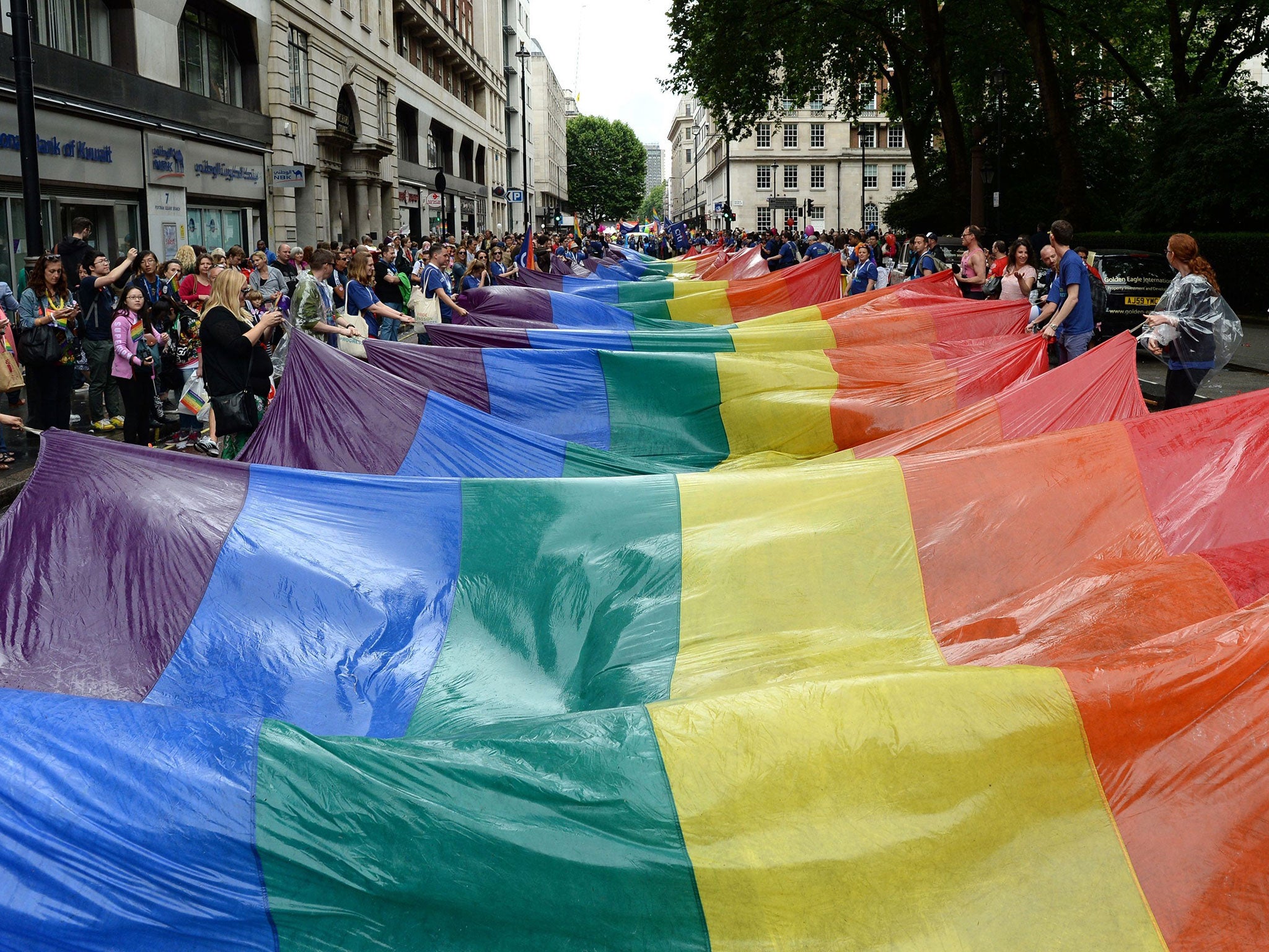 People hold the iconic rainbow flags at Pride