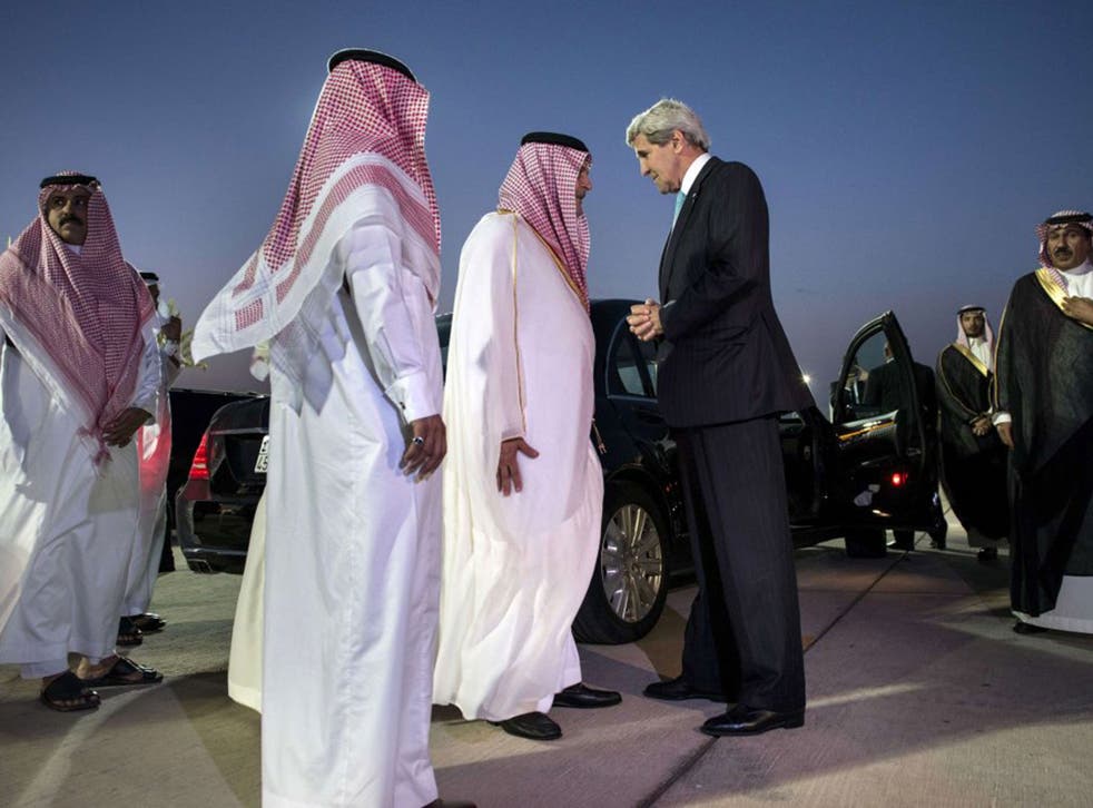 Shuttle mission: John Kerry says farewell to Saudi Foreign Minister Prince Saud al-Faisal (centre) in Jeddah last week