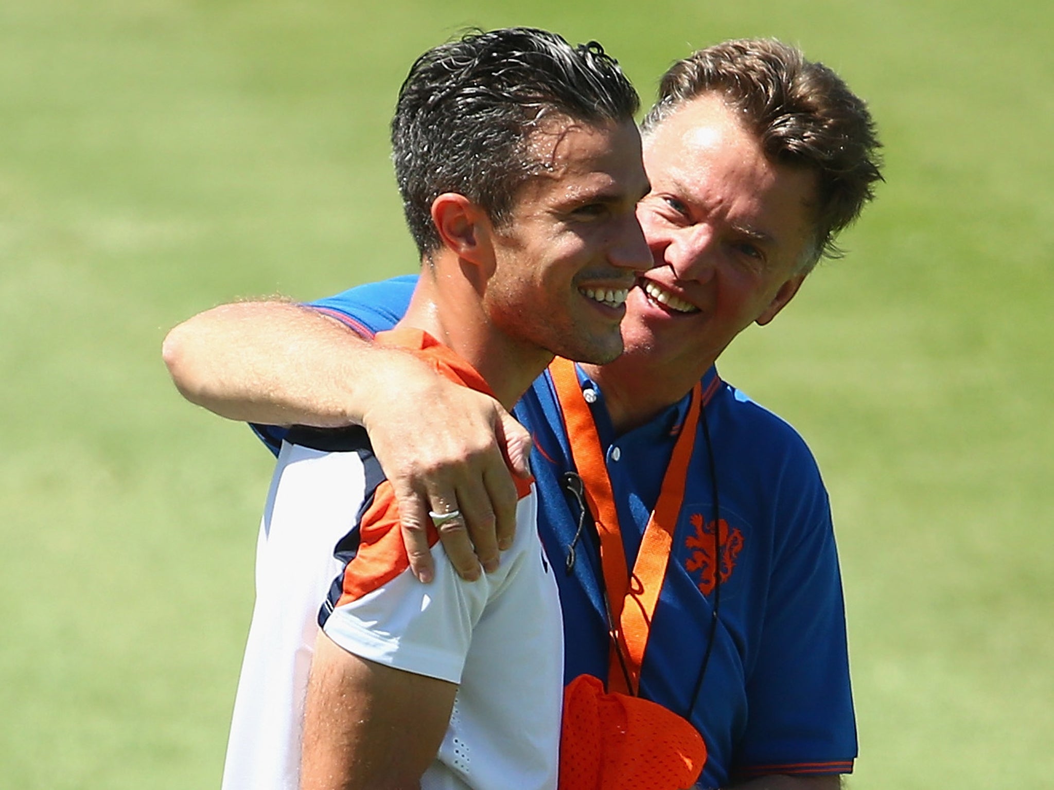 Robin van Persie together with Louis van Gaal at the World Cup