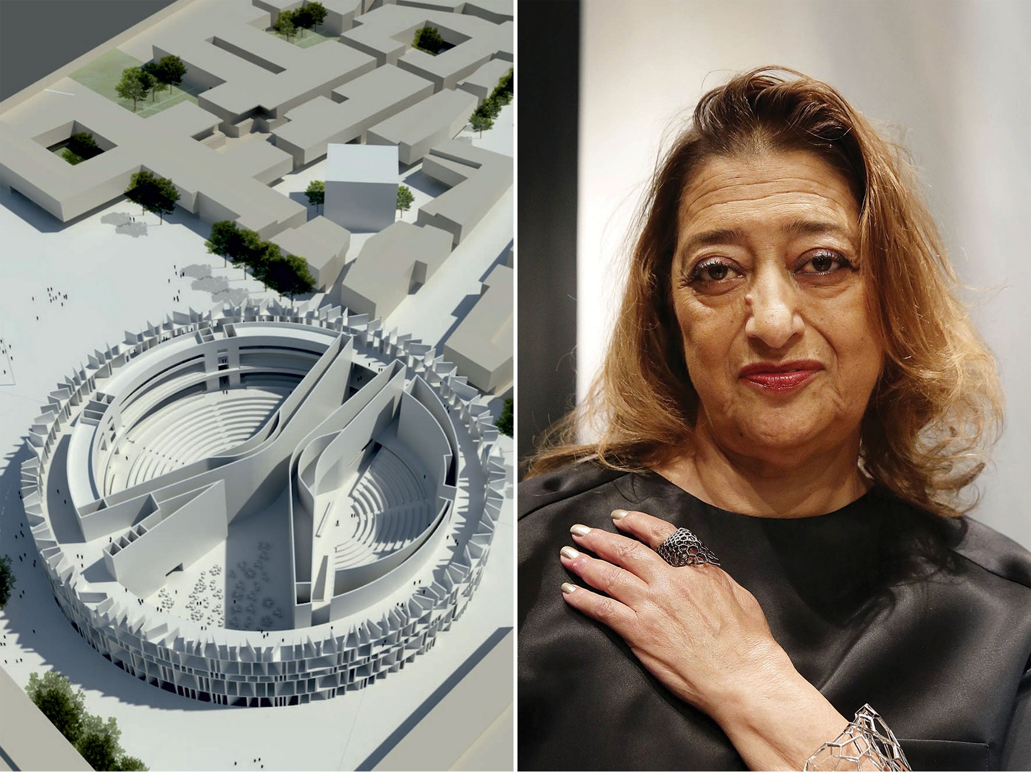 The design by British studio Assemblage, left, won the open competition, with Zaha Hadid’s entry coming third