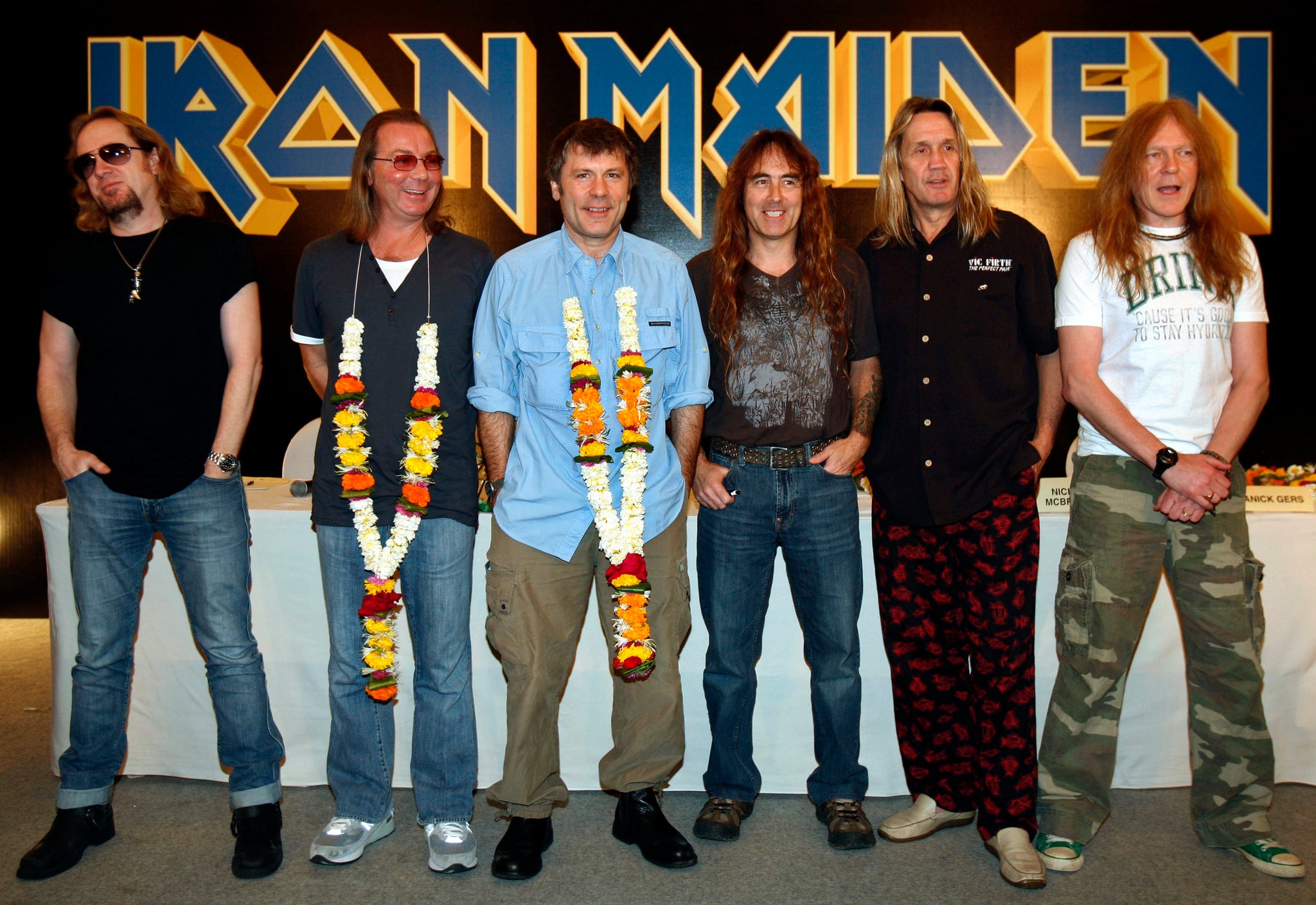 L-R Adrian Smith, Dave Murray, Bruce Dickinson, Steve Harris, Nicko McBrain and Janick Gers of Iron Maiden