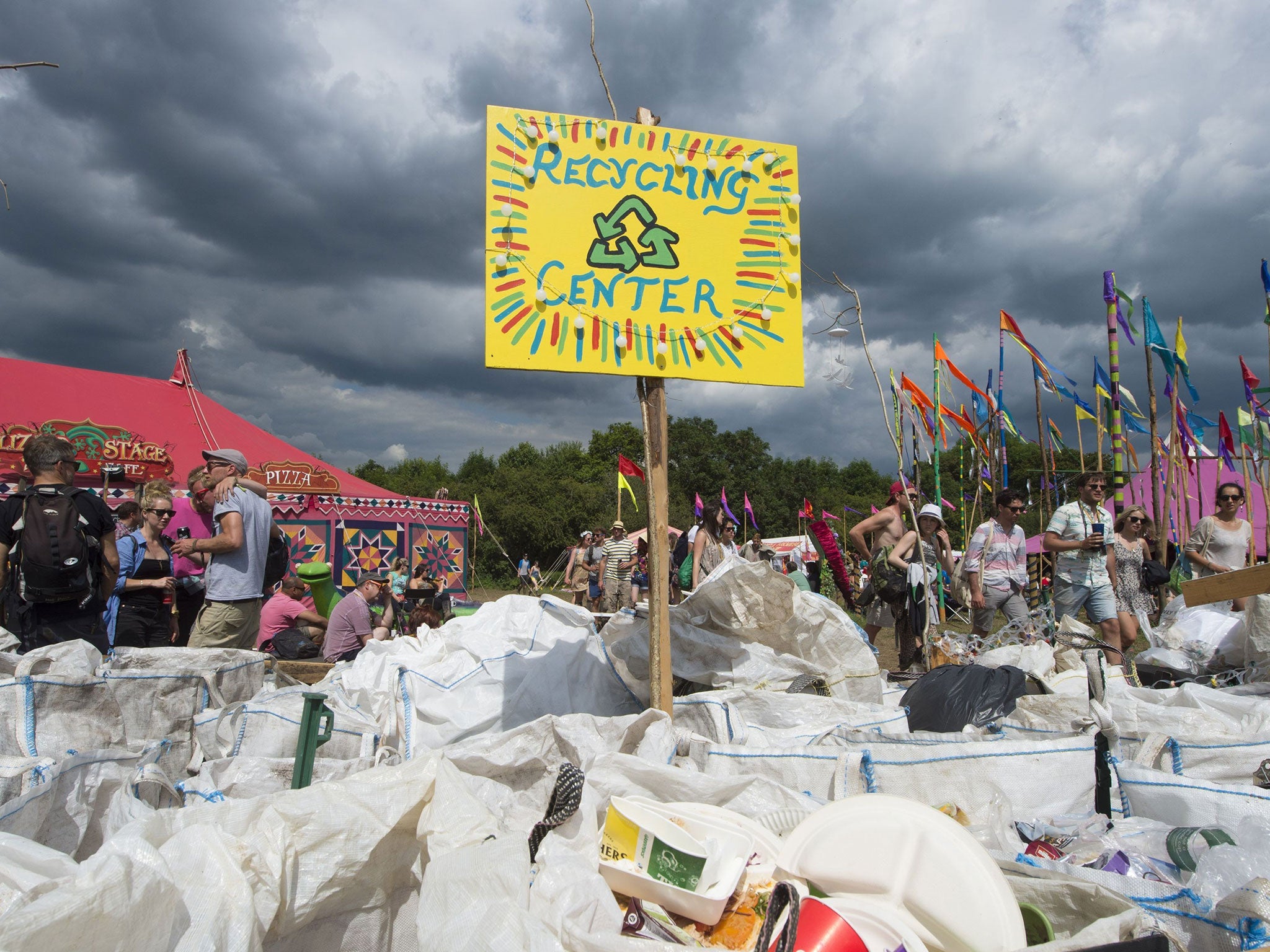 Recycling bins at the Glastonbury Festival, at Worthy Farm in Somerset