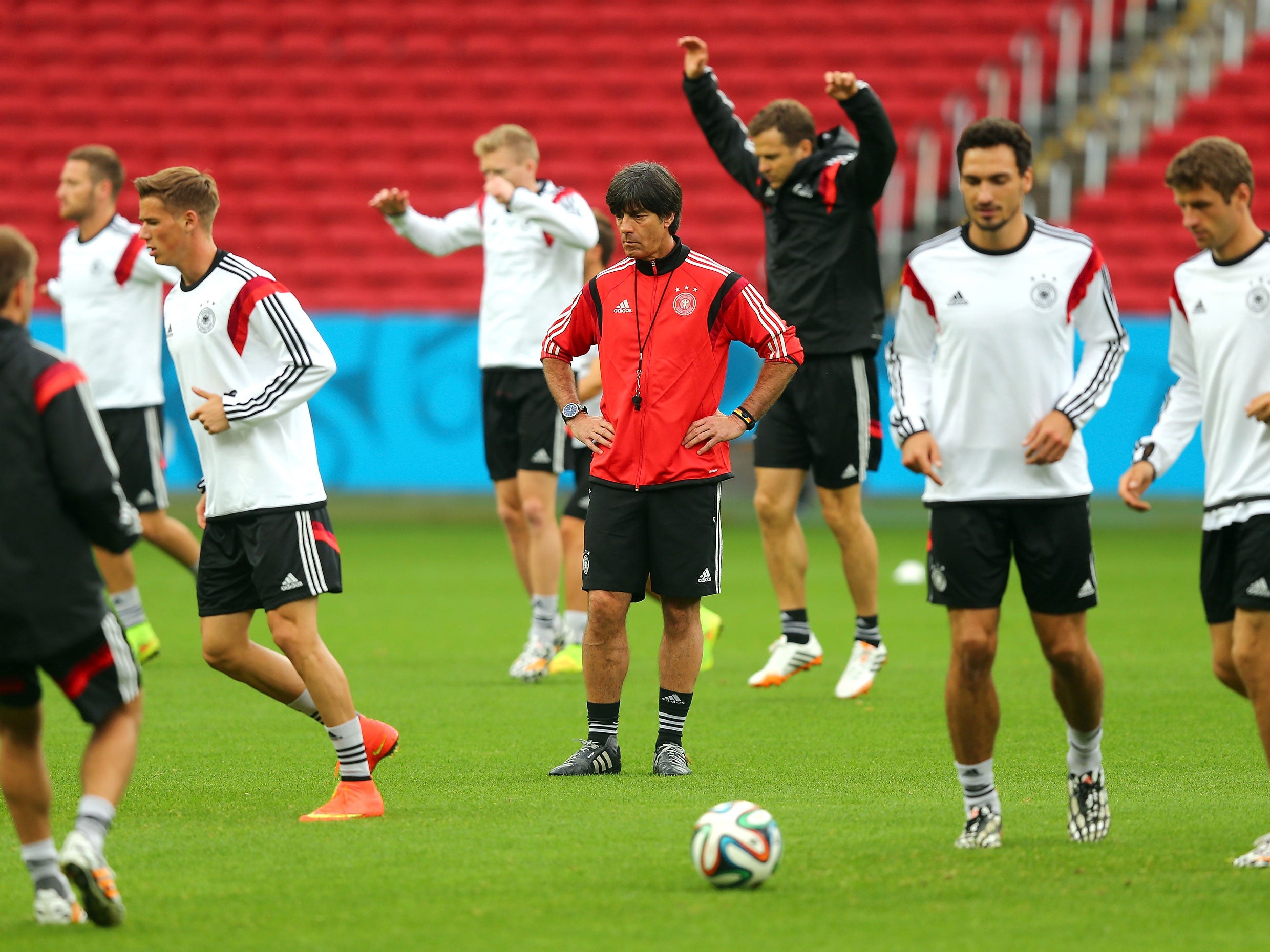 Joachim Loew, head coach of Germany gestures during the German national team training at Estadio Beira-Rio on June 29, 2014 in Porto Alegre, Brazil.