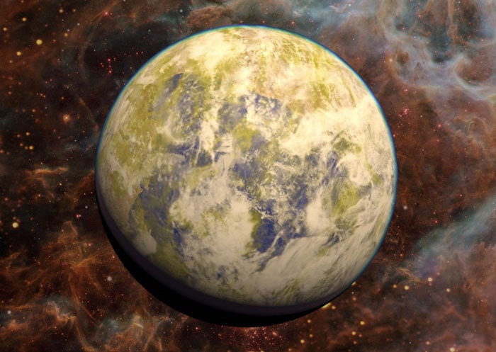 Potentially habitable Super-Earth Gliese 832 c appears in an artist's conception against a background of a stellar nebula.