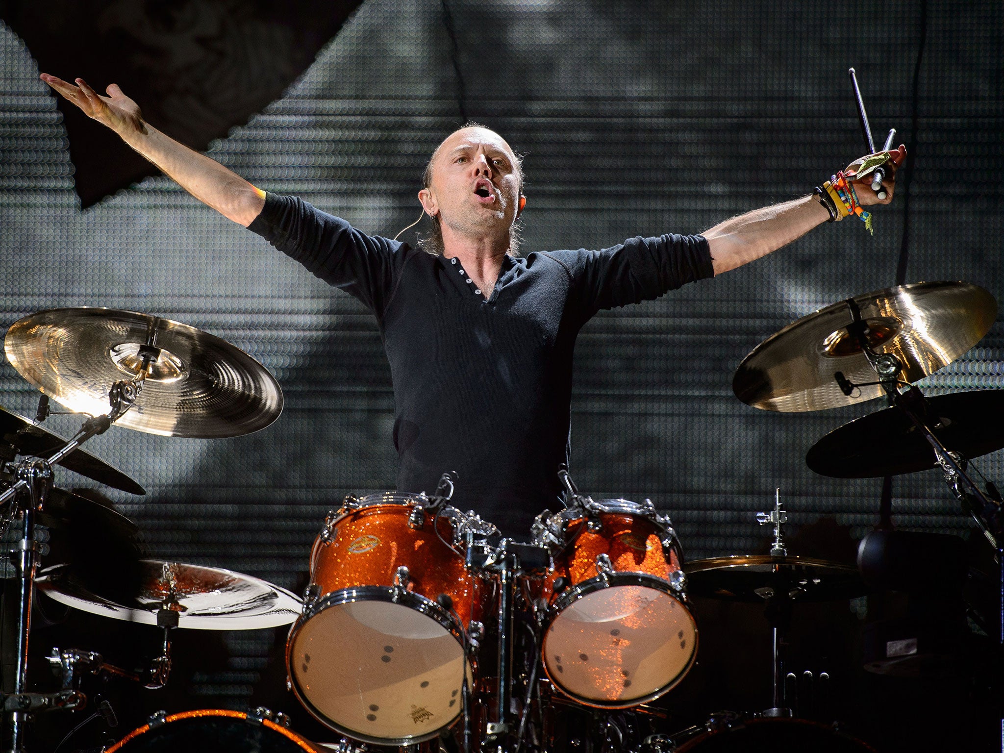 Lars Ulrich of Metallica performs on the Pyramid Stage at Glastonbury 2014