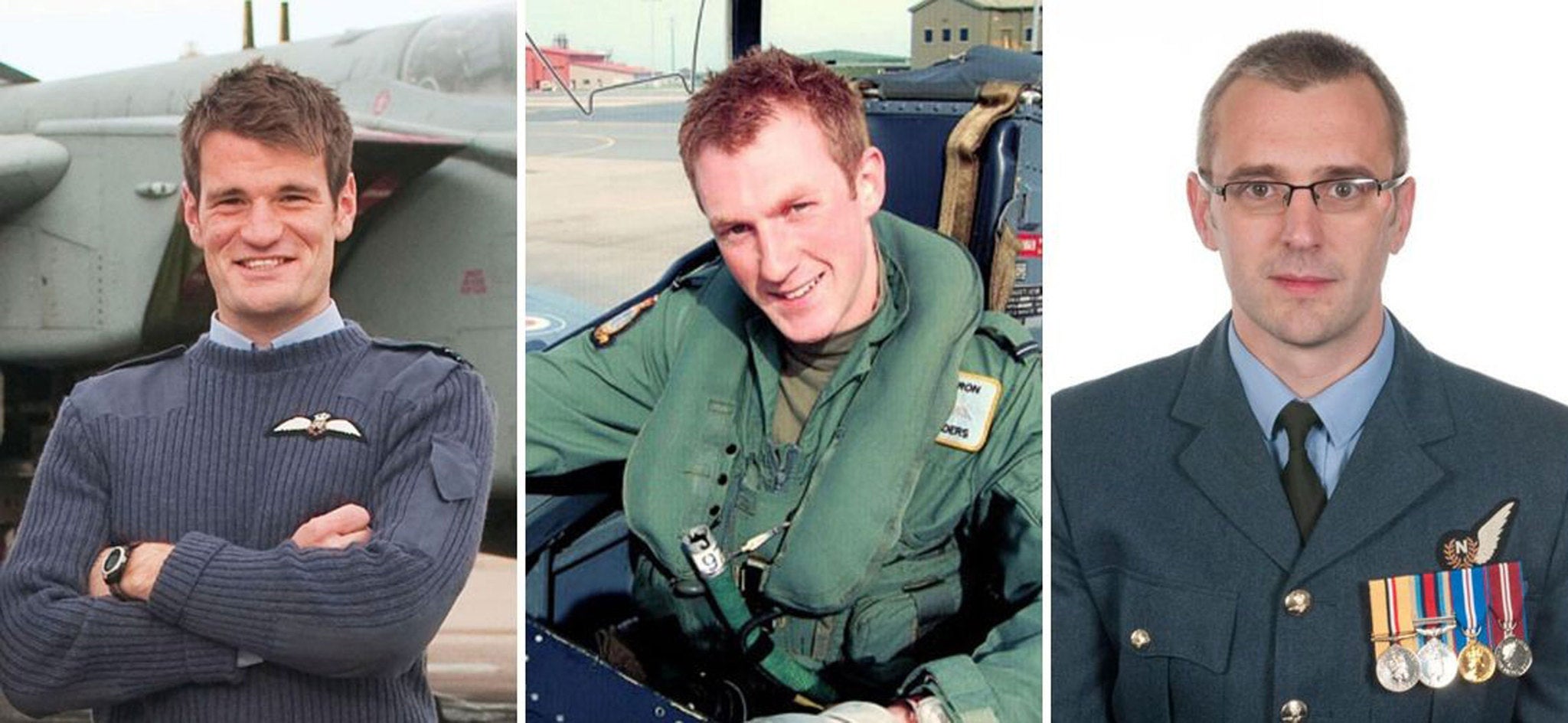 Flight Lieutenant Hywel Poole (left), Flight Lieutenant Adam Sanders (centre) and Squadron Leader Samuel Bailey who all died in the accident