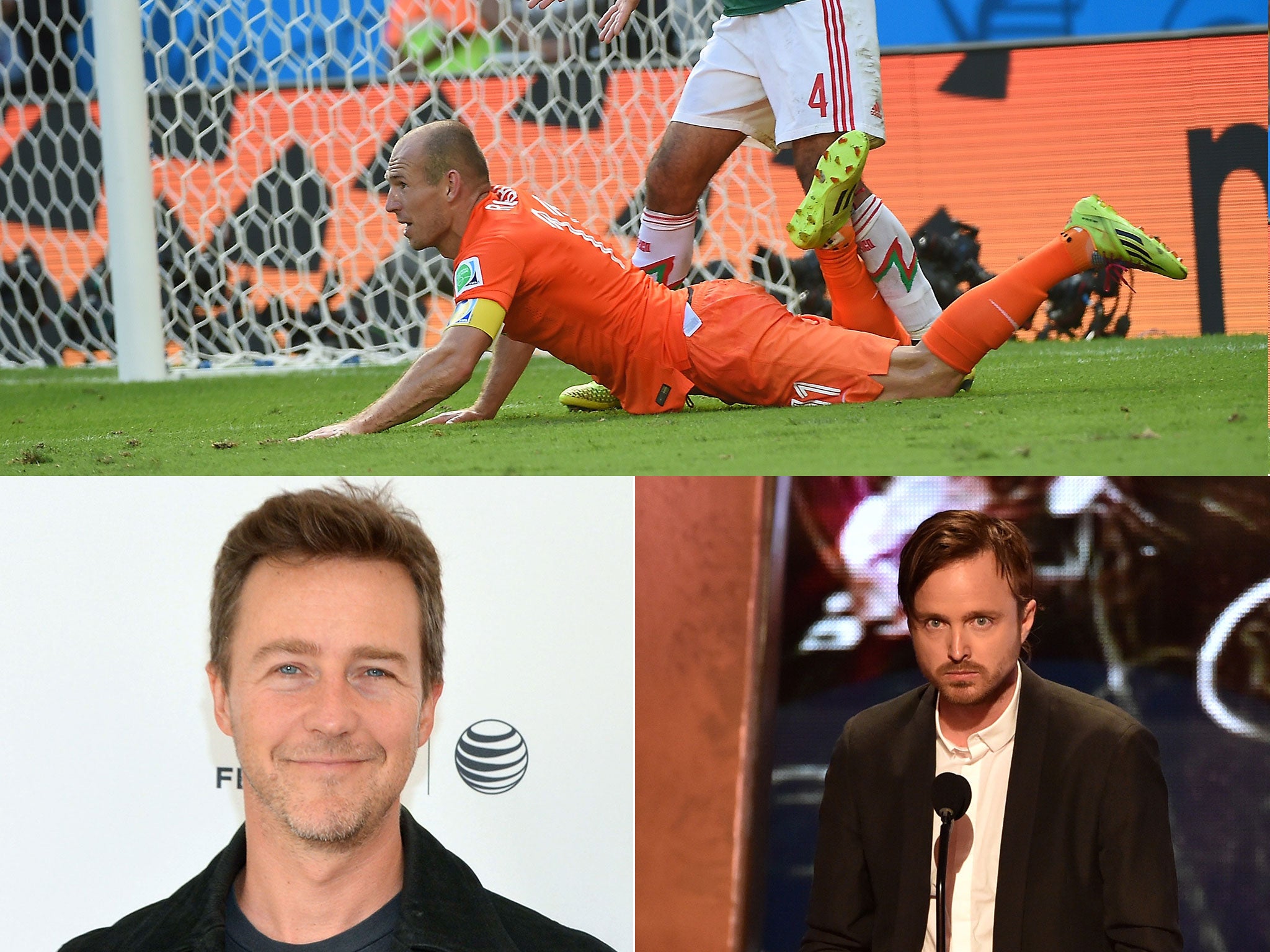 Arjen Robben and the 'dive' (top); Edward Norton (left); Aaron Paul (right)