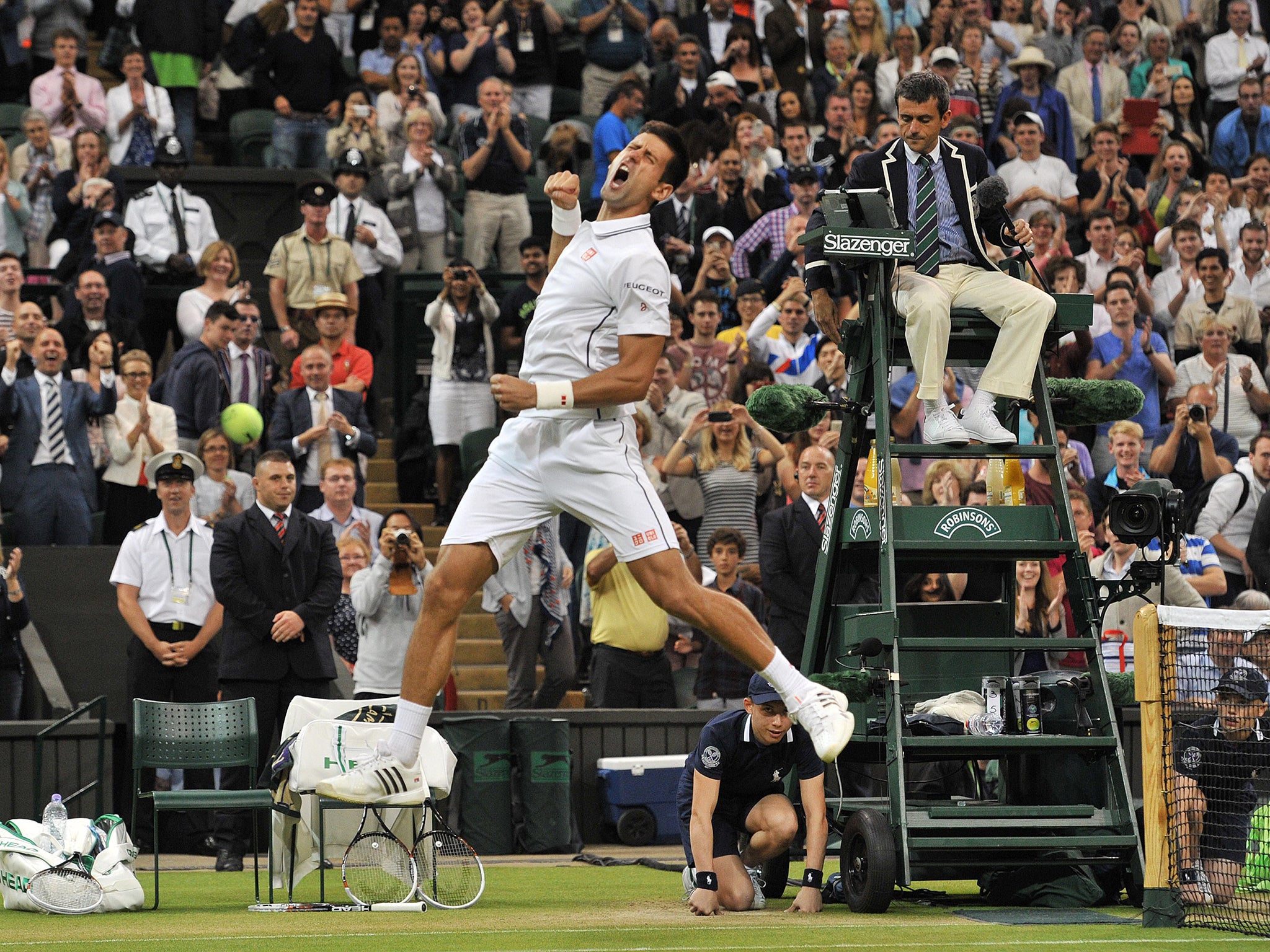 Novak Djokovic celebrates his win over Jo-Wilfried Tsonga