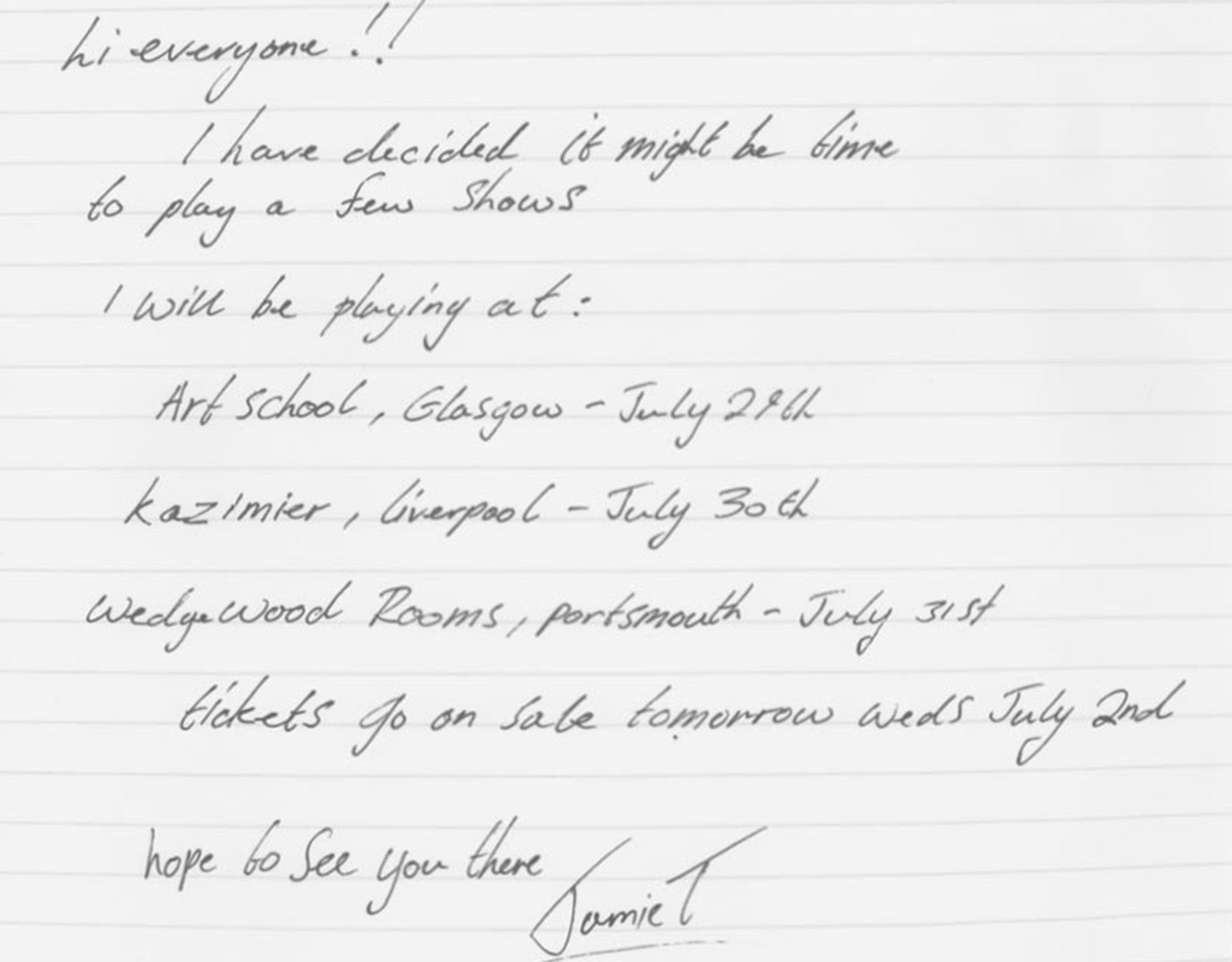 Jamie T posted this handwritten note on his website