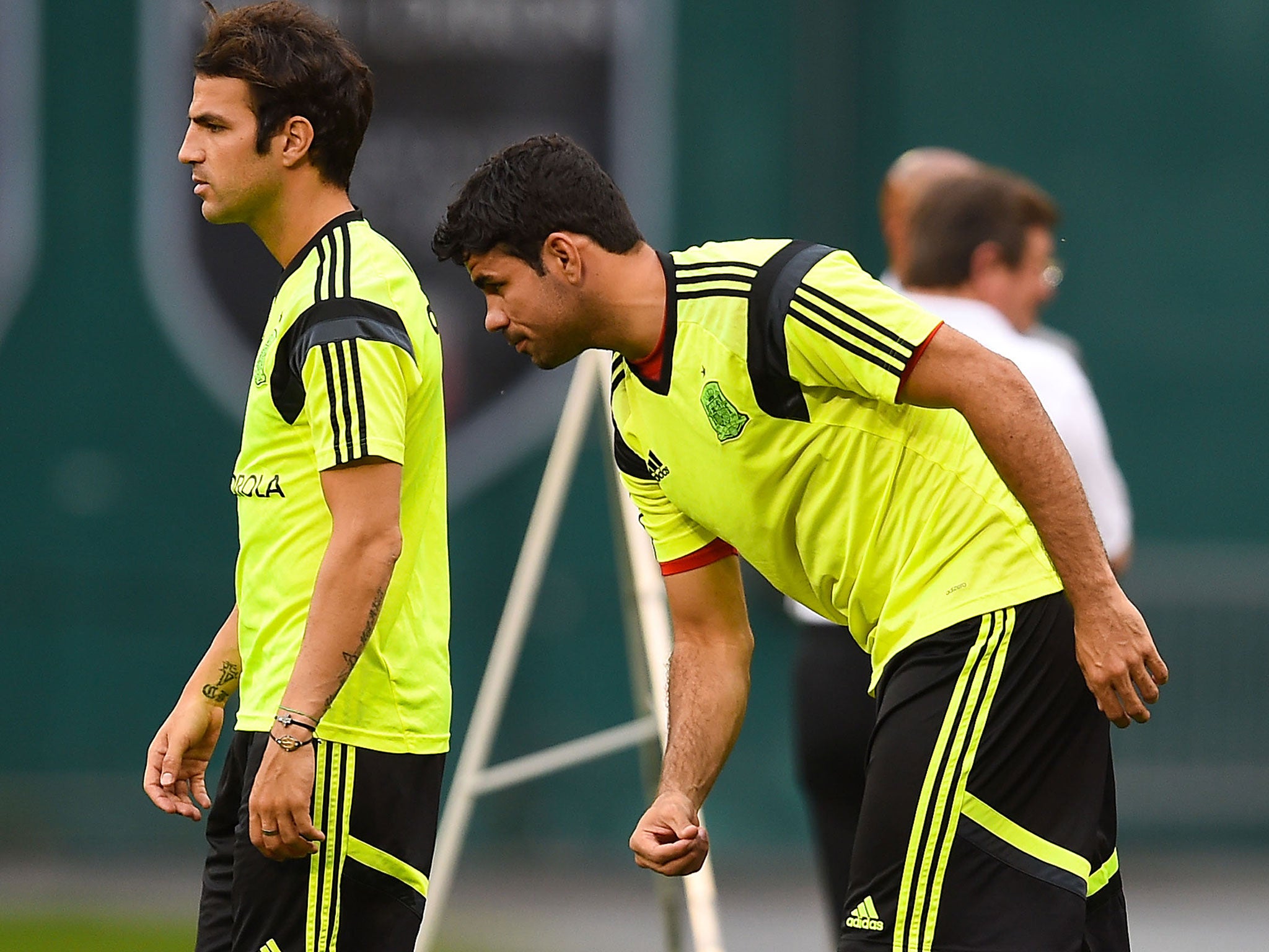 Cesc Fabregas (left) and Diego Costa during Spain training last month