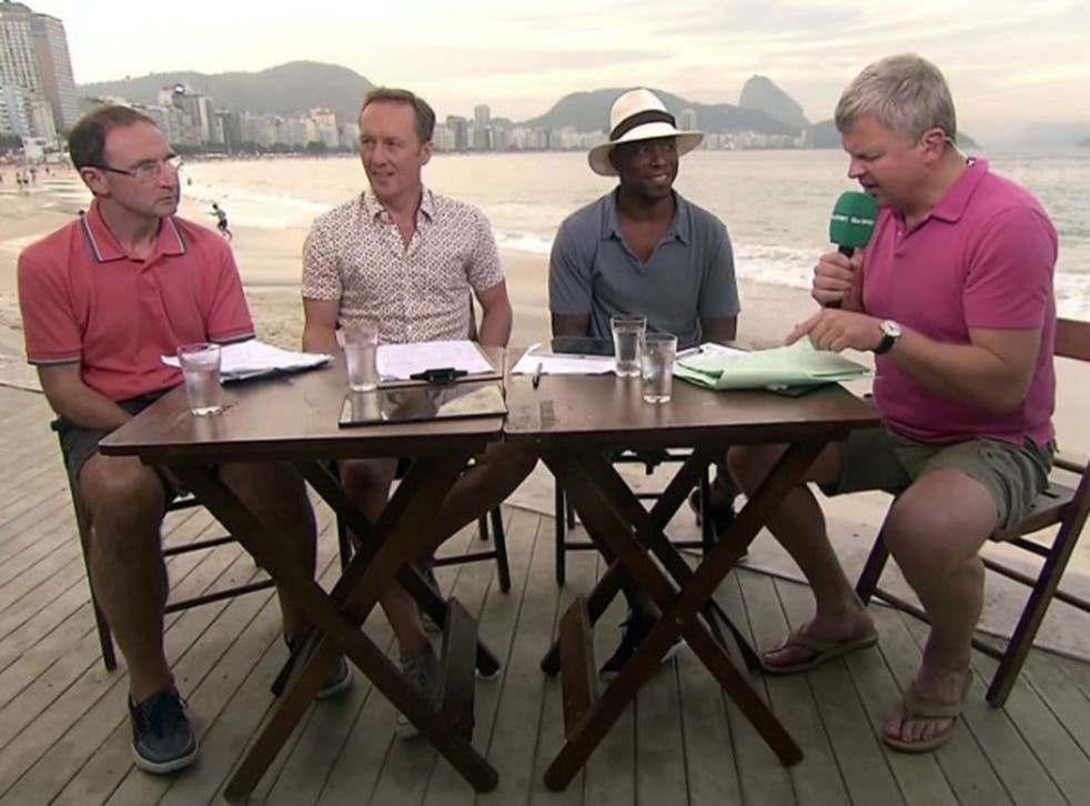 (From right) Adrian Chiles holds court with Ian Wright, Lee Dixon and Martin O’Neill as ‘plucky’ ITV tries to pull off a shock against the BBC at the World Cup