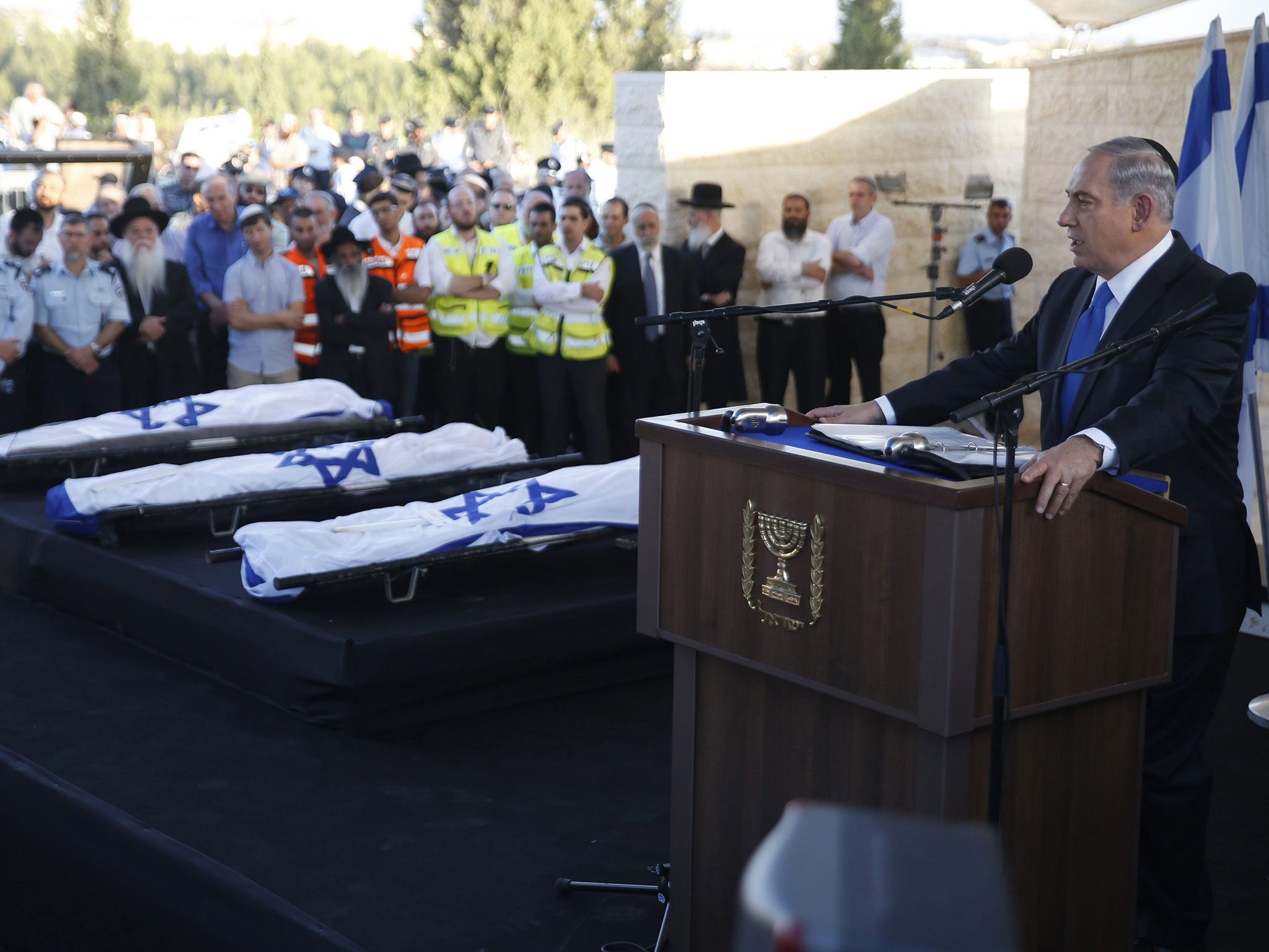 sraeli Prime Minister Benjamin Netanyahu (R) eulogizes three Israeli teens who were abducted and killed in the occupied West Bank, Gil-Ad Shaer, US-Israeli national Naftali Fraenkel, both 16, and Eyal Yifrah, 19, during their joint funeral in the Israeli