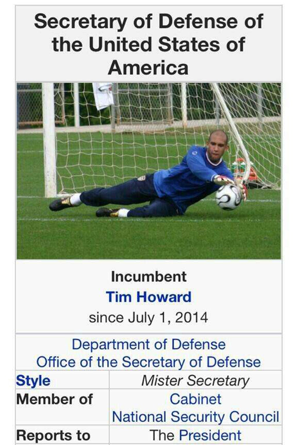 Tim Howard's Wikipedia page was changed to claim he was the new Secretary of Defence of the USA
