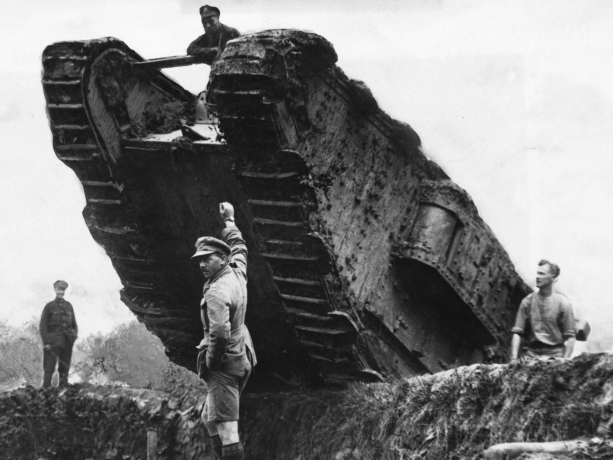 A British tank, typical of the latter years of WW1, maneuvers its way over a trench system during the Battle of Cambrai. Also known as 'Landships', these armoured vehicles were designed to traverse the boggy terrain of the French war-torn countryside.