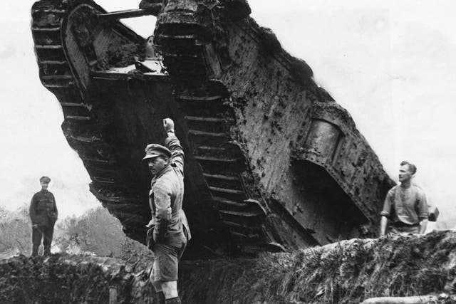 A British tank, typical of the latter years of WW1, maneuvers its way over a trench system during the Battle of Cambrai. Also known as 'Landships', these armoured vehicles were designed to traverse the boggy terrain of the French war-torn countryside. 