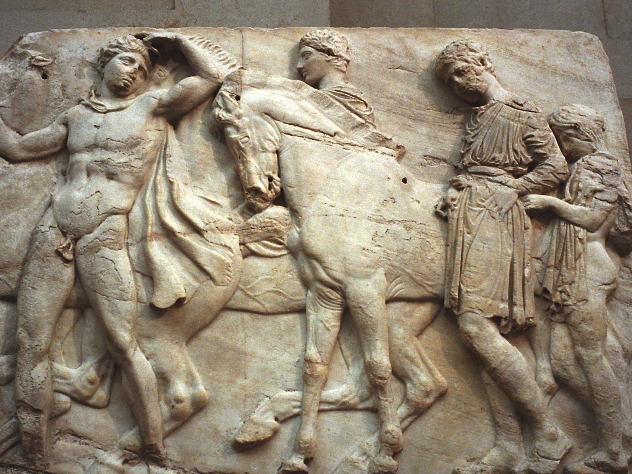 A frieze that forms part of the Elgin Marbles, taken from the Parthenon in Athens, on display at the British Museum