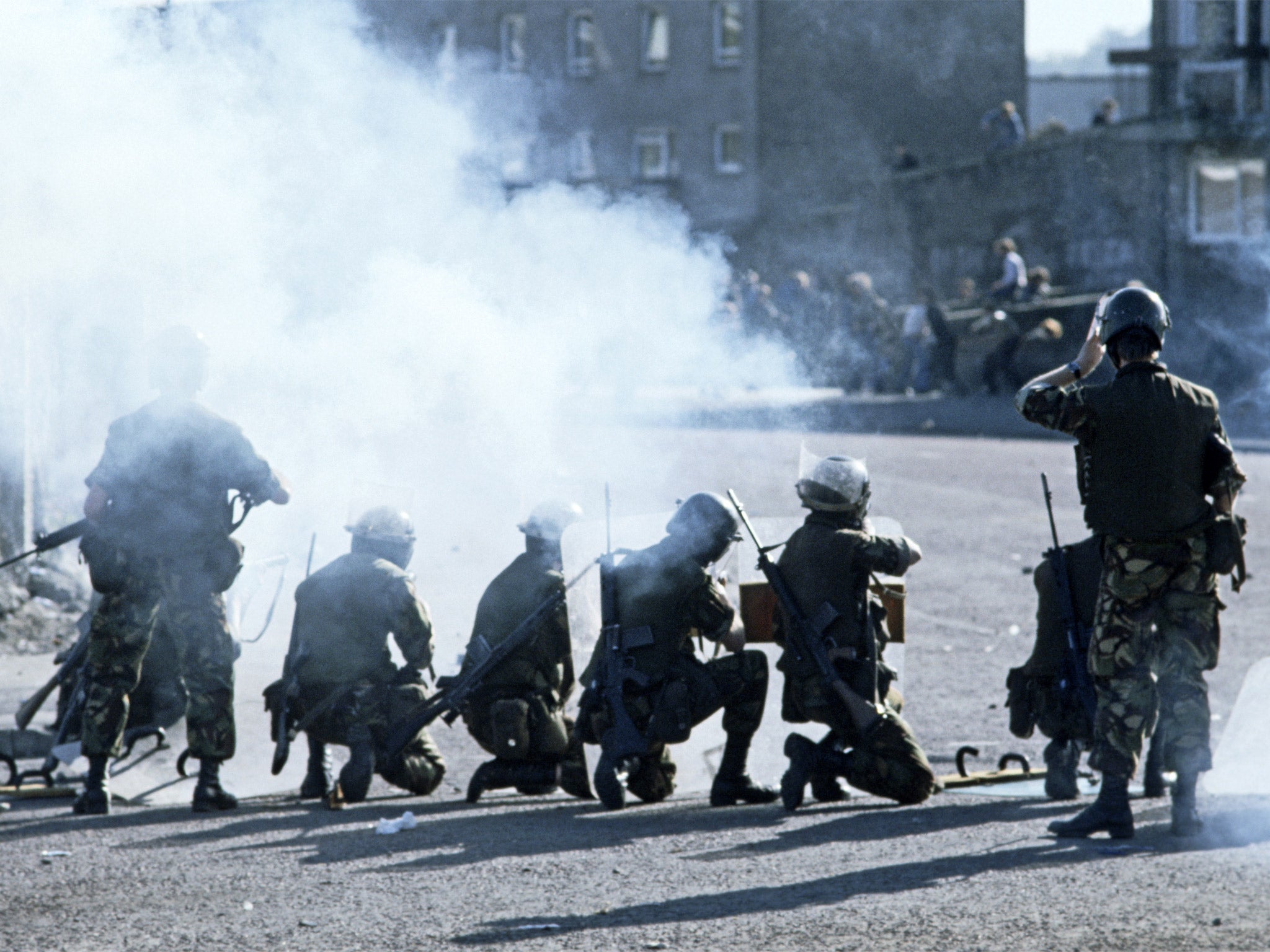 The British Army controlling rioting in the streets of Derry after the Apprentice Boys March in 1975