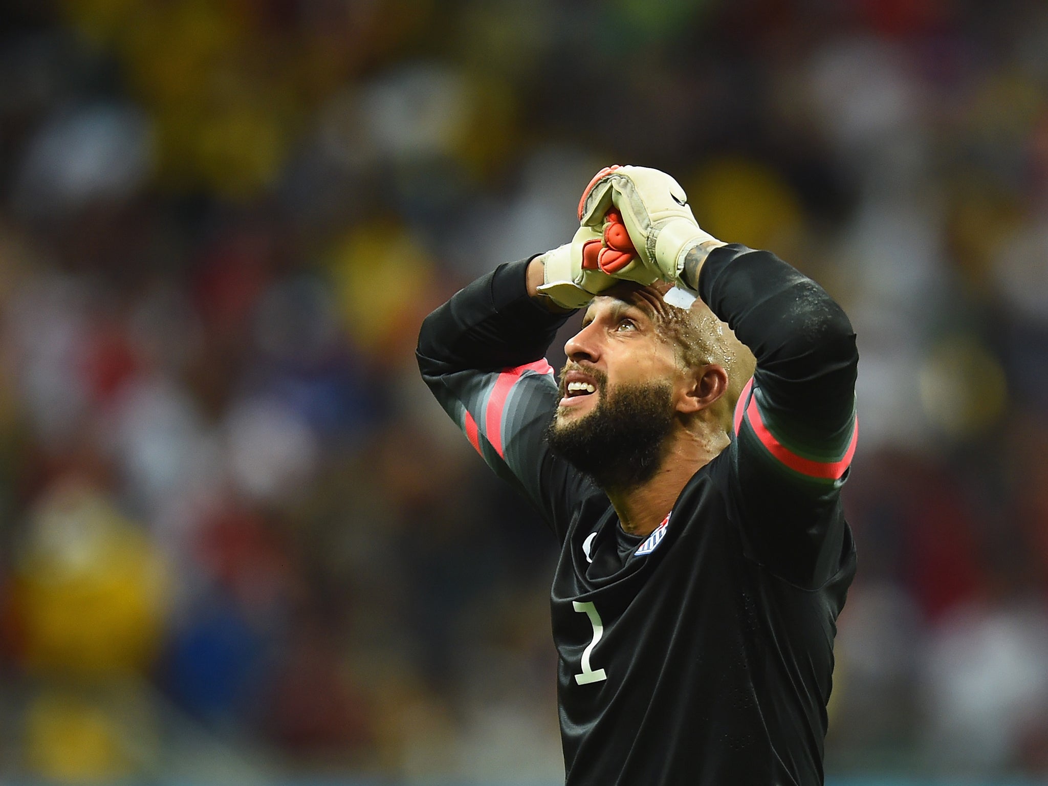 Tim Howard pictured in the defeat to Belgium