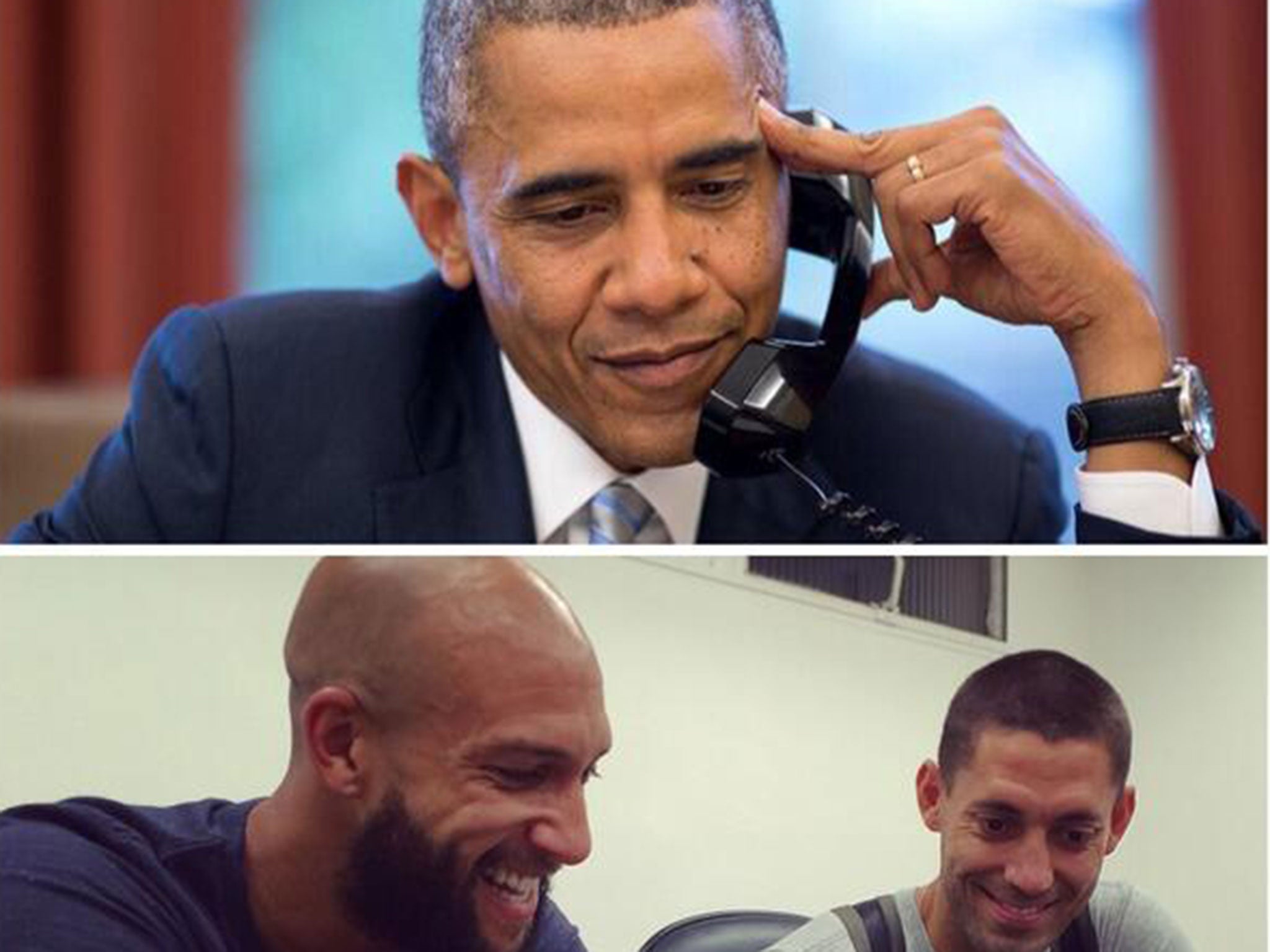 President Barack Obama speaks to Clint Dempsey and Tim Howard