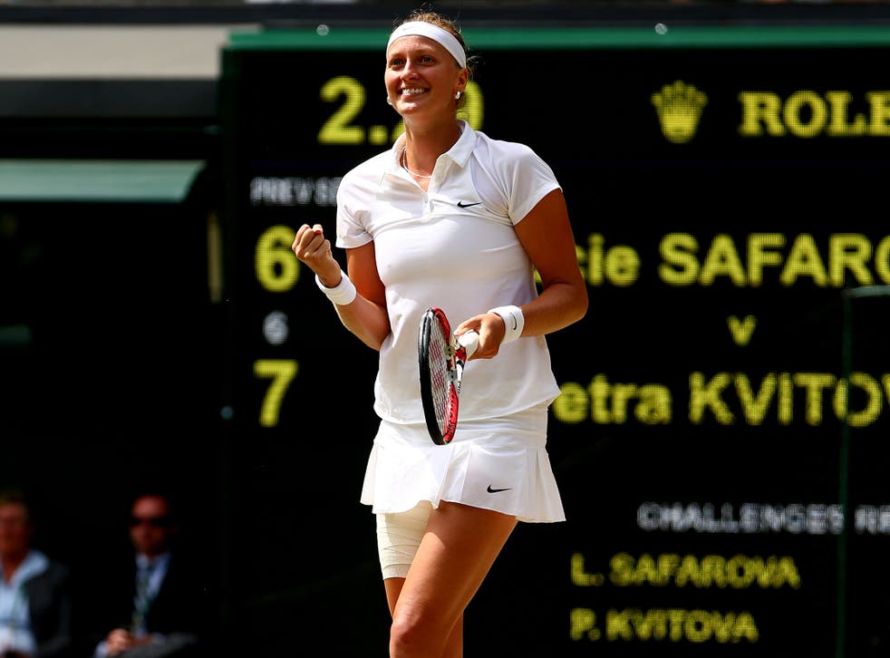 Petra Kvitova of Czech Republic celebrates after winning her Ladies' Singles semi-final match against Lucie Safarova of Czech Republic on day ten of Wimbledon 