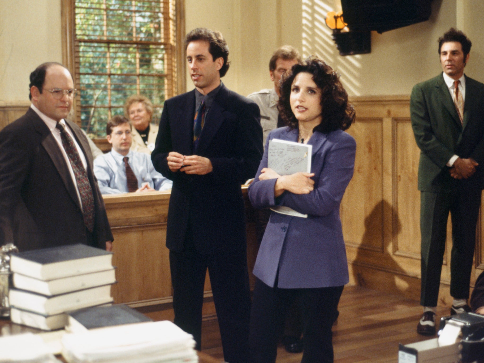 Jason Alexander as George Costanza, Jerry Seinfeld as himself, Julia Louis-Dreyfus as Elaine Benes and Michael Richards as Cosmo Kramer