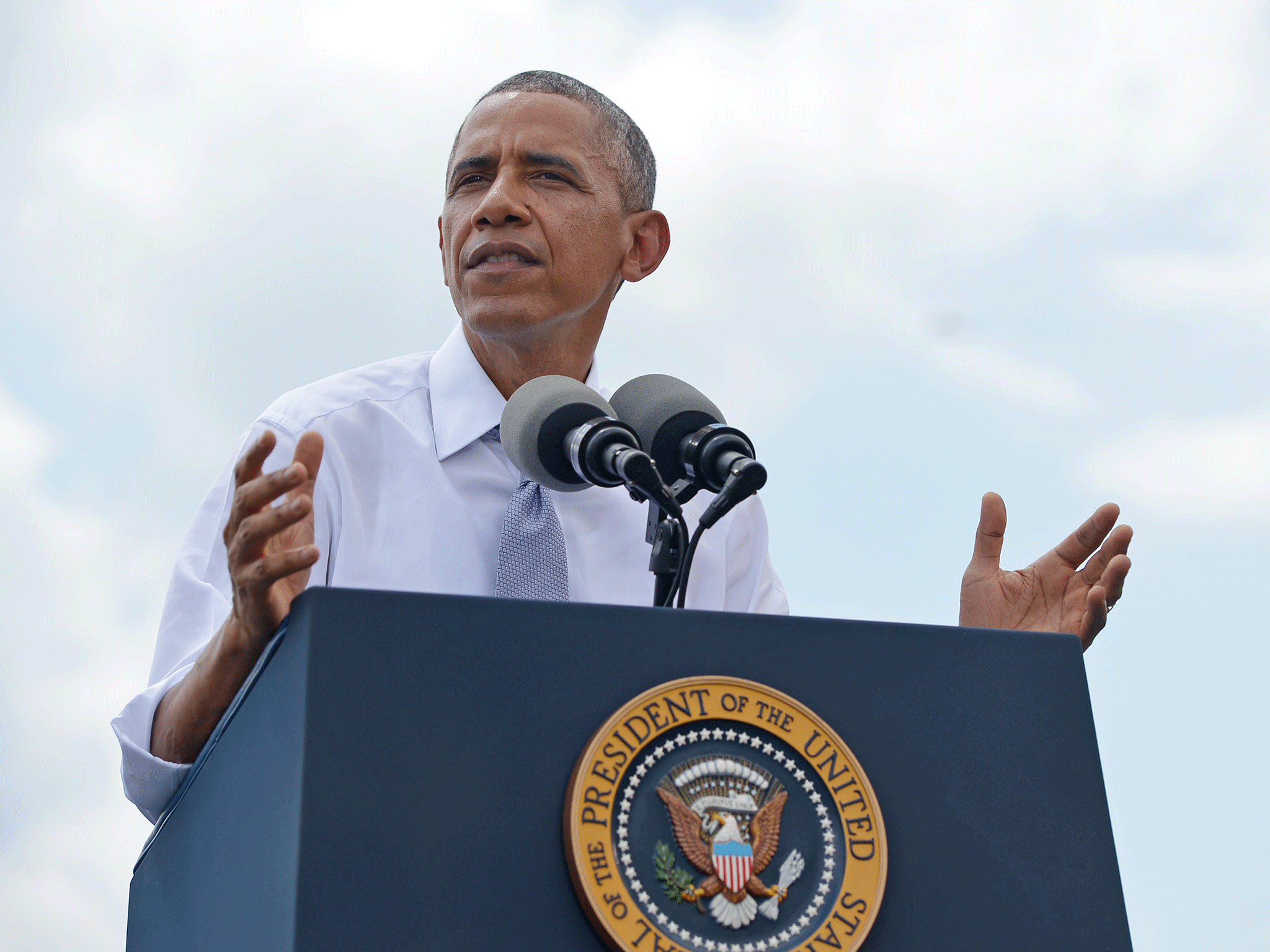US President Barack Obama speaks on the economy in Georgetown Waterfront Park on July 1, 2014 in Washington