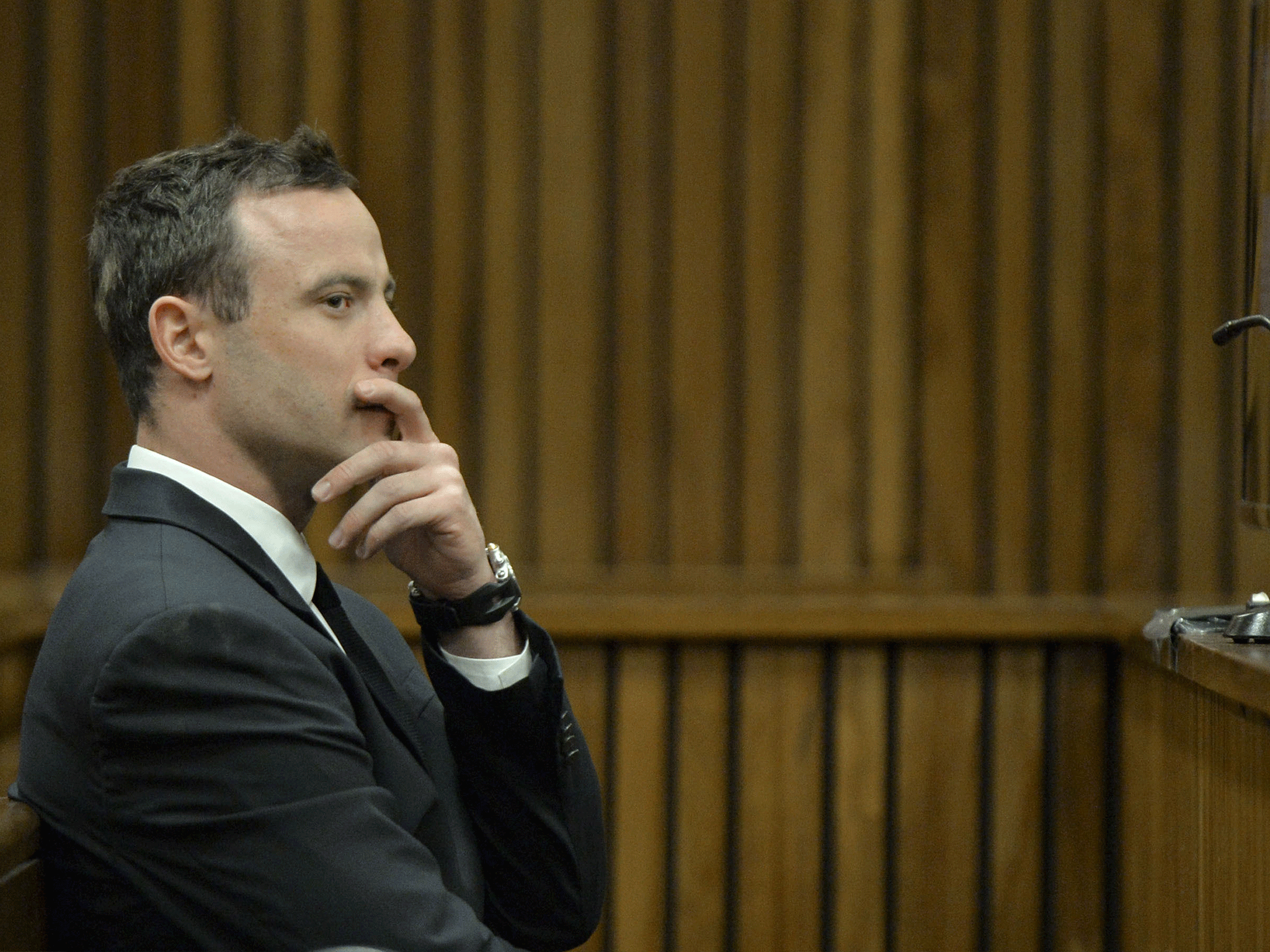 Oscar Pistorius in the Pretoria High Court on July 3, 2014, in Pretoria, South Africa. Oscar Pistorius stands accused of the murder of his girlfriend, Reeva Steenkamp, on February 14, 2013